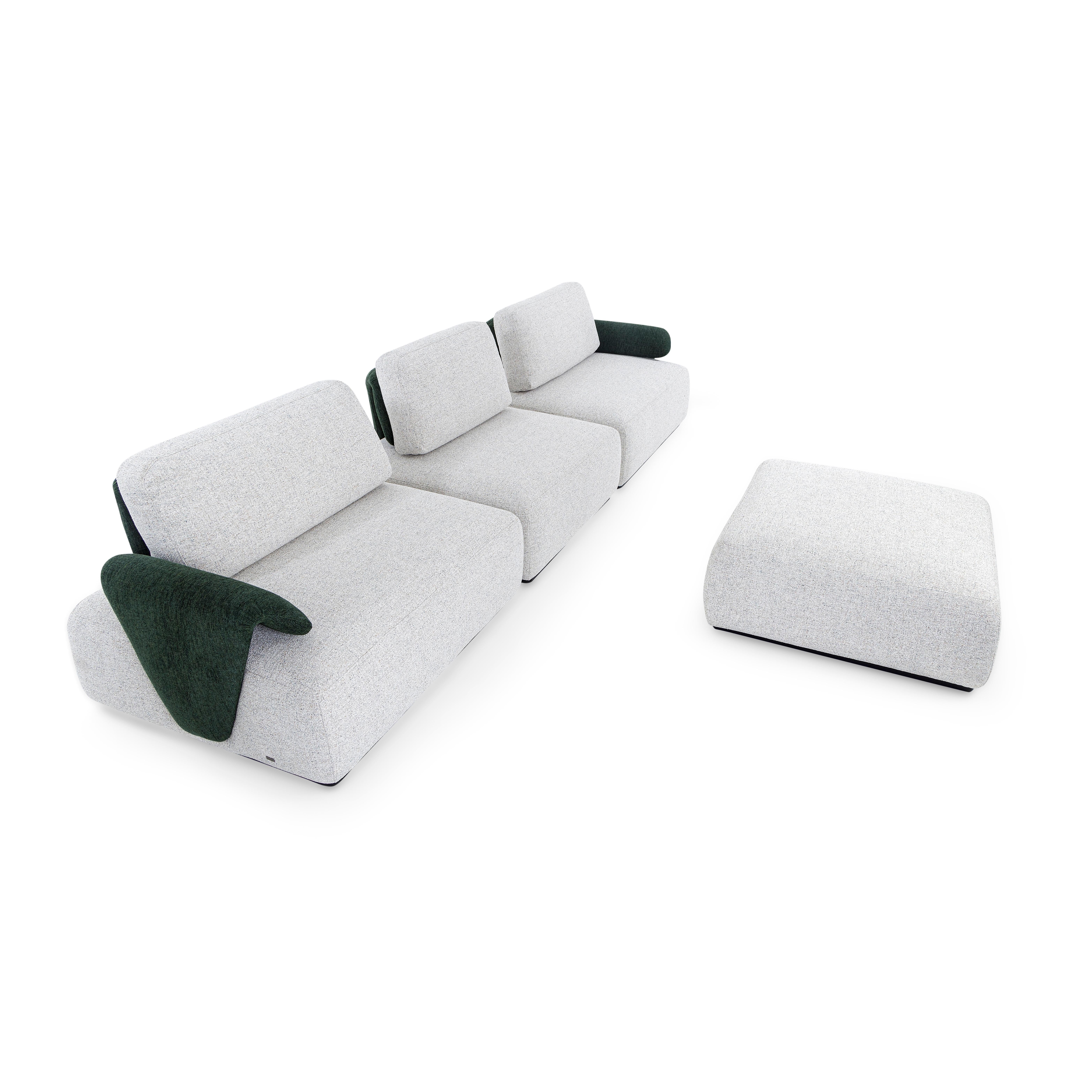 Customizable Modular Three-Seater Sofa with Ottoman in Beige Fabric, Paipe Line For Sale 1