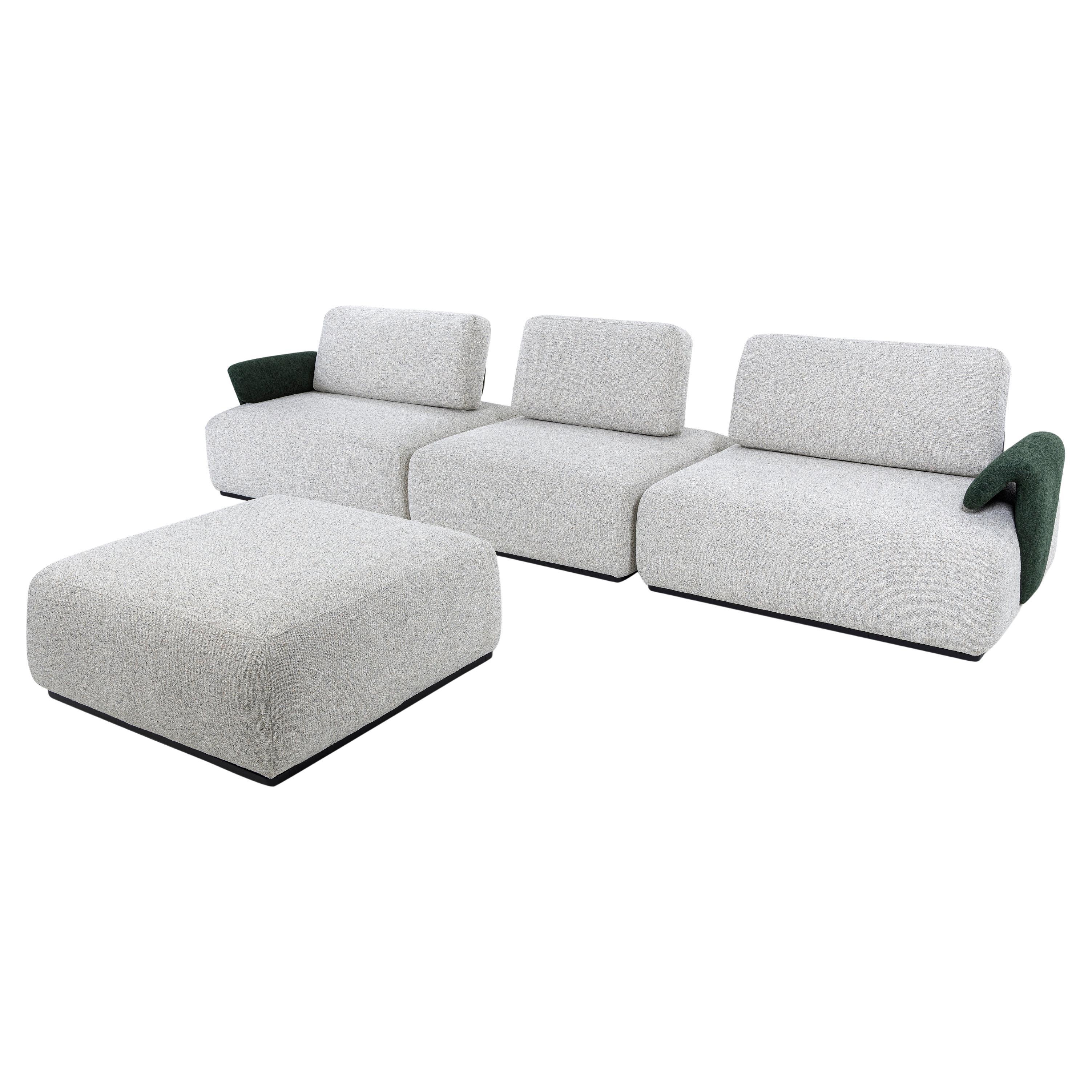 Divano modulare a tre posti personalizzabile con pouf in tessuto beige, Linea Paipe