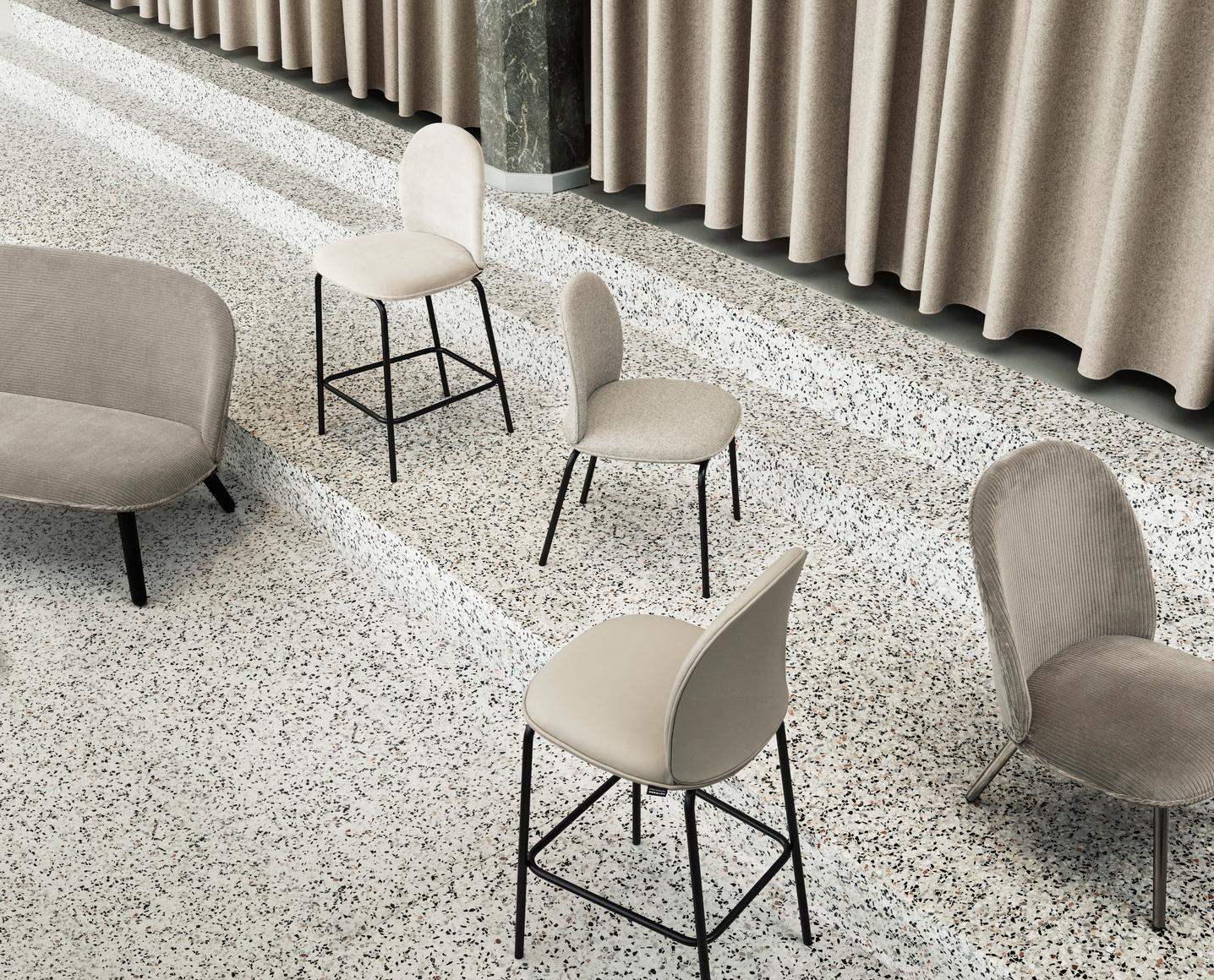 The back is constructed of molded PU foam on a base of molded veneer for flexibility and the highest possible sitting comfort. The seat is made in molded PU foam with a steel reinforcement. The legs are coned steel tube which makes the chair appear