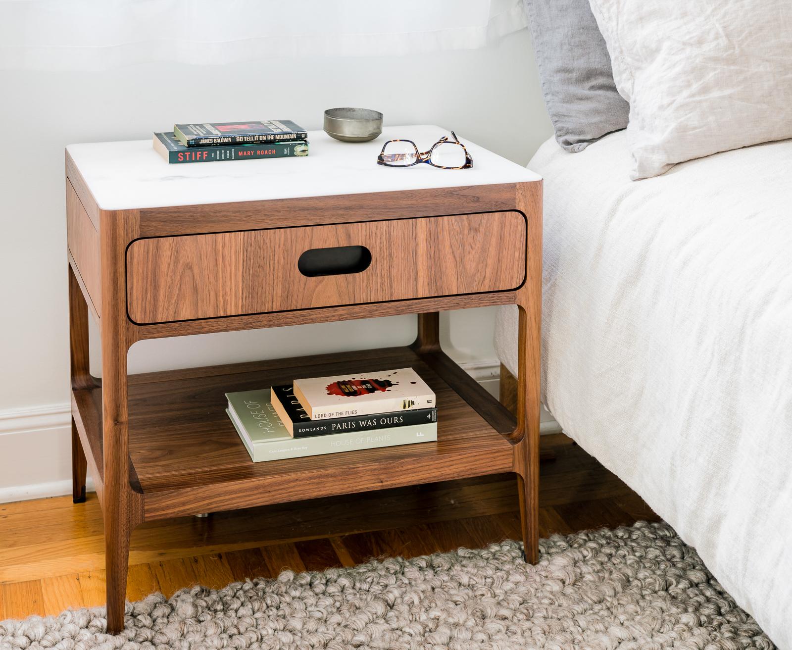 Customizable One-Drawer Walnut Nightstand with Brass Top by Munson Furniture In New Condition For Sale In Oakland, CA