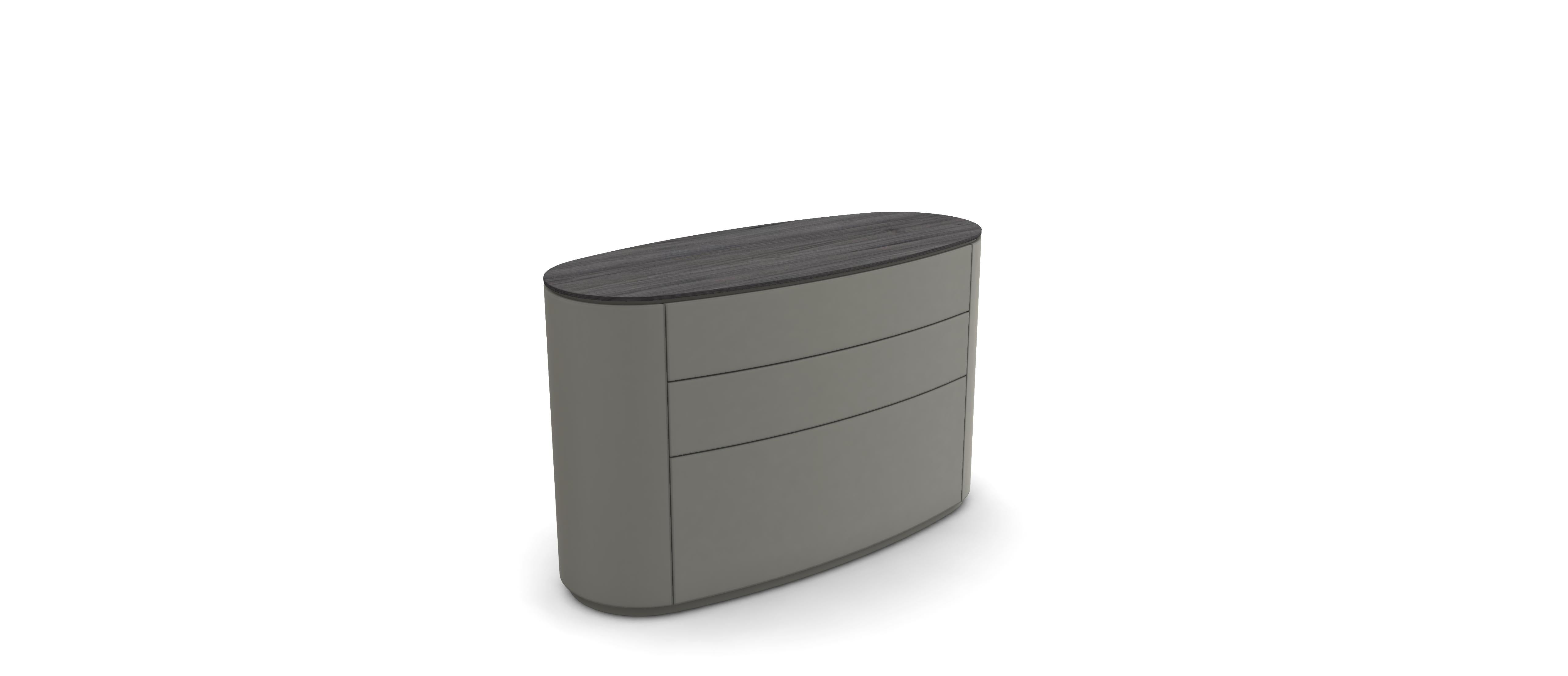 Wood Customizable Oval Chest of Drawers In Sahara Black Ceramic & Ash Grey Lacquer For Sale