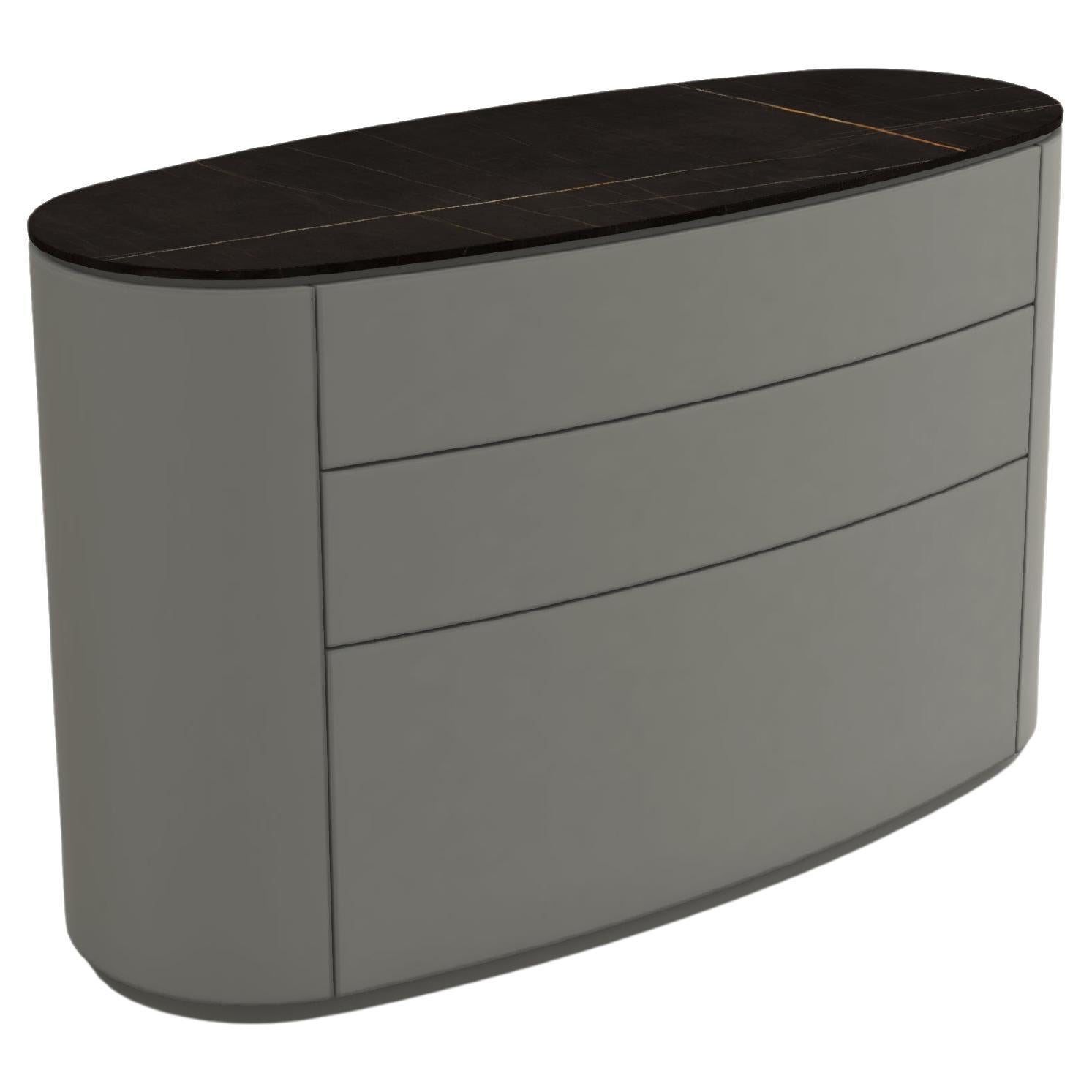 Customizable Oval Chest of Drawers In Sahara Black Ceramic & Ash Grey Lacquer