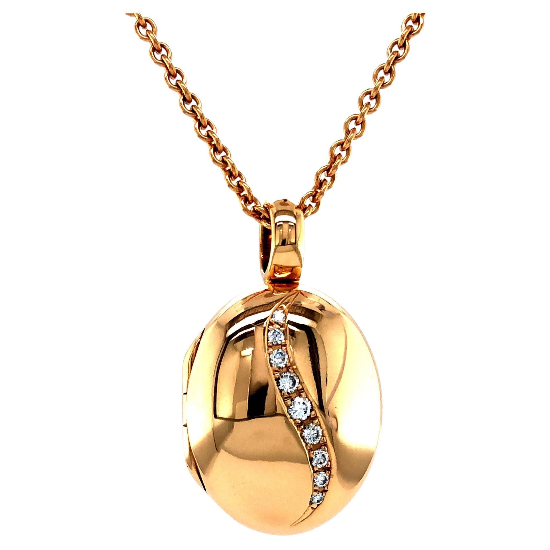 Collier pendentif médaillon ovale personnalisable en or rose 18 carats 9 diamants 0,13 carat H VS en vente