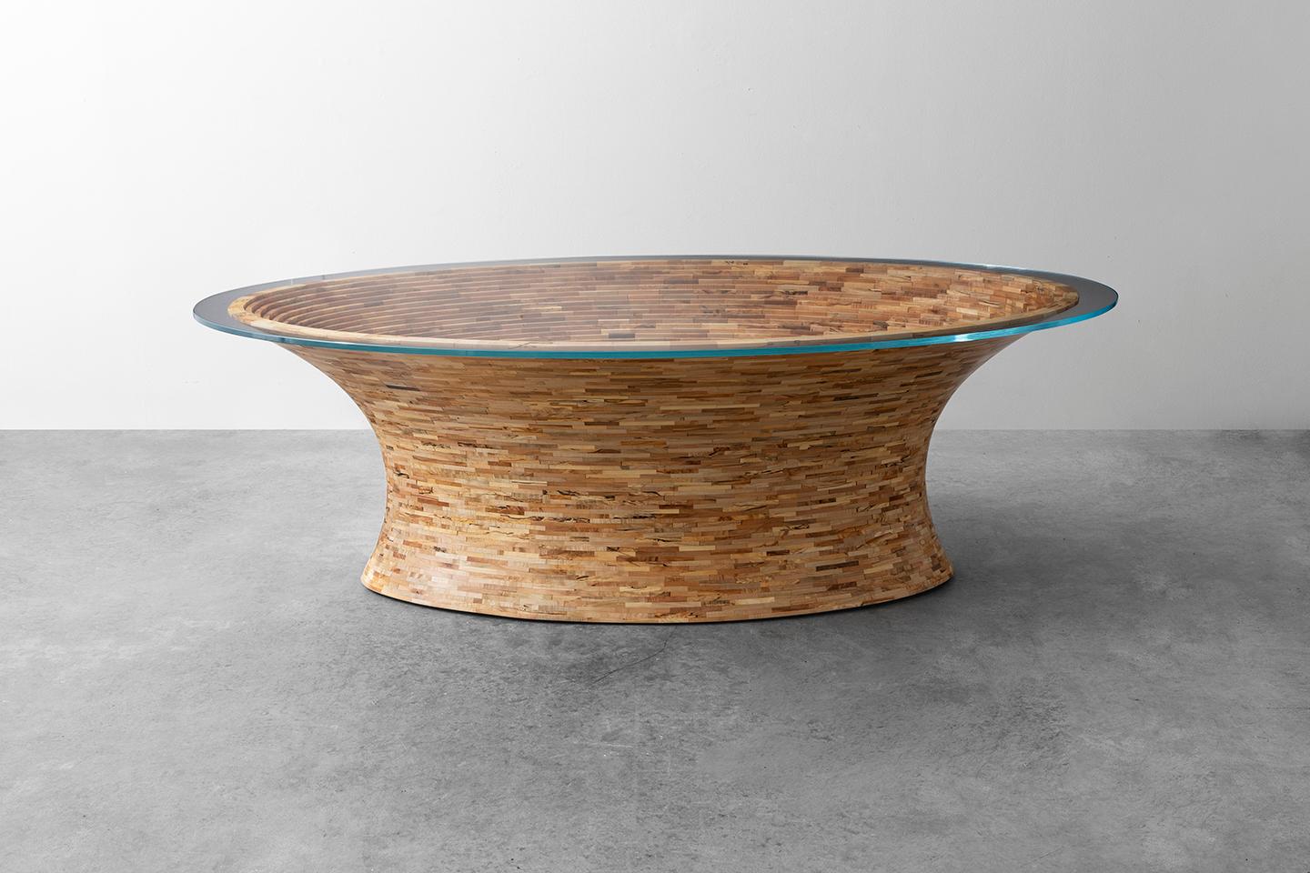 Customizable Oval Stacked Coffee Table, Richard Haining, Shown Salvaged Mahogany 1