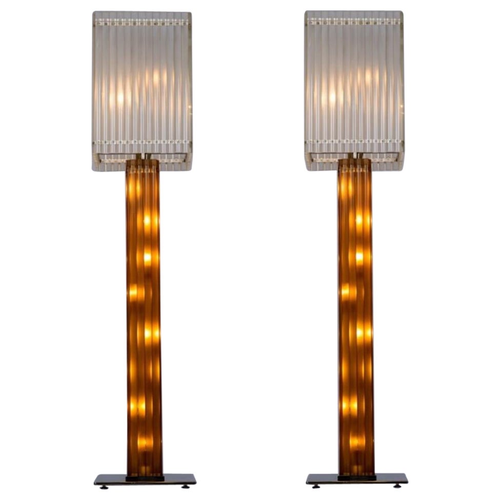 Paire de lampadaires Art Déco personnalisables en verre de Murano, couleur ambrée et transparente Italie
