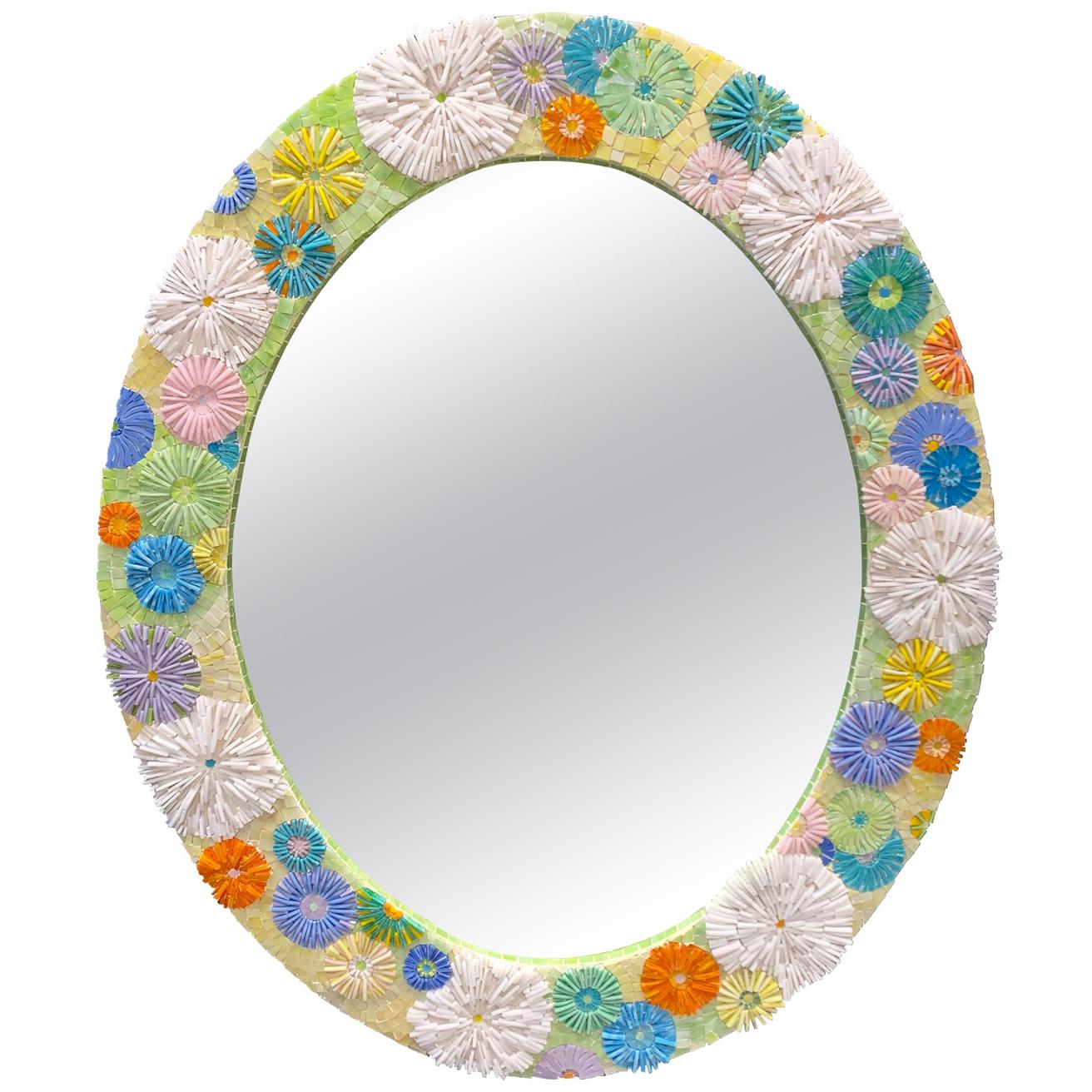 Customizable Pastel Blossom Glass Flower Mosaic Oval Mirror by Ercole Home