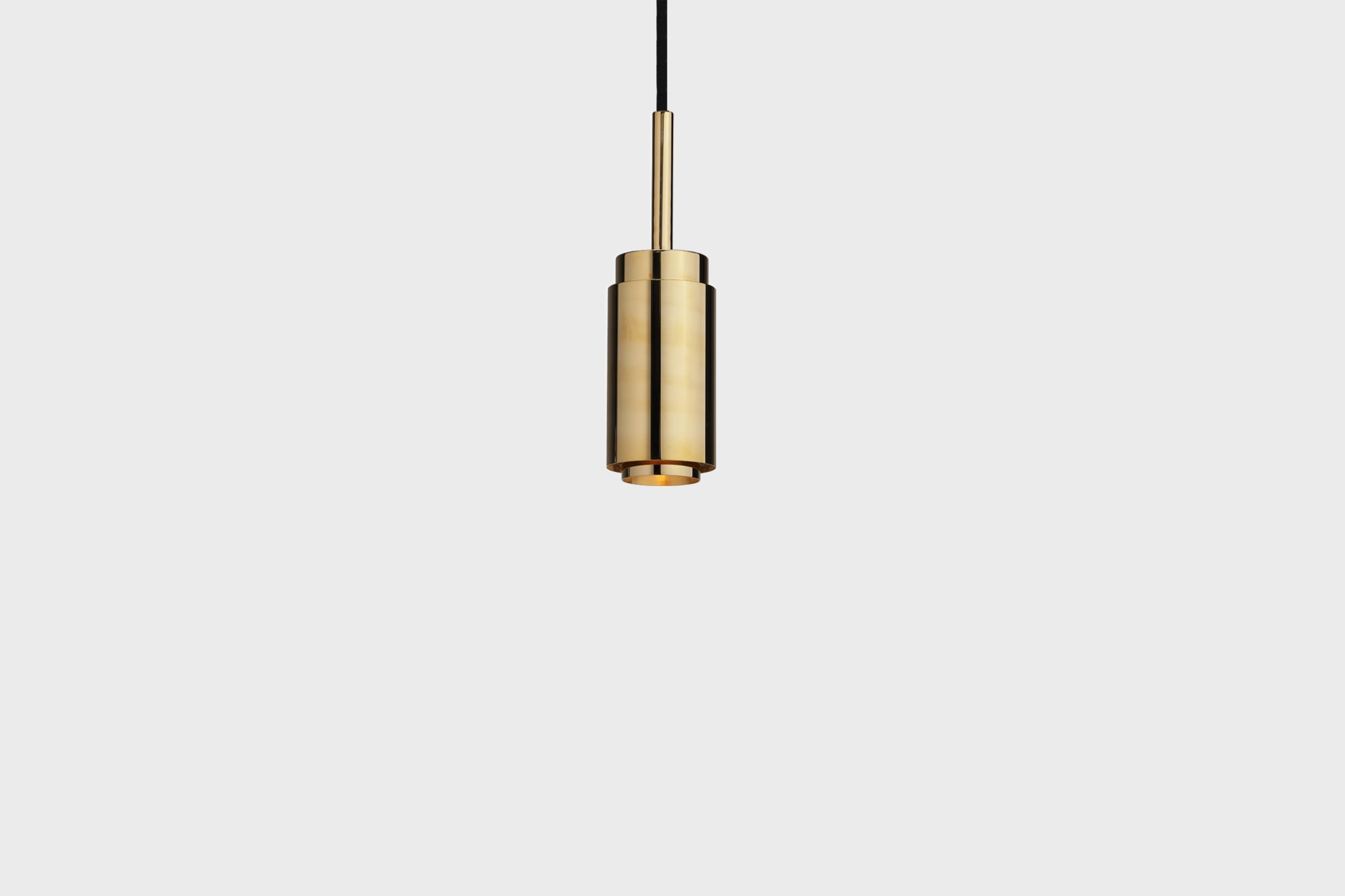 Customizable Pendant Lamp 'Donya Spot' by Anour, Polished Brass

Dimensions:
ø 6 cm x H. 20,3 cm

Technical details:
- 240V / 120V
- GU 10 bulb (bulb not included)
- Wattage: Max. 6 W

Cord: 
- 3,2m black textile cord 

Dimmer: 
- No