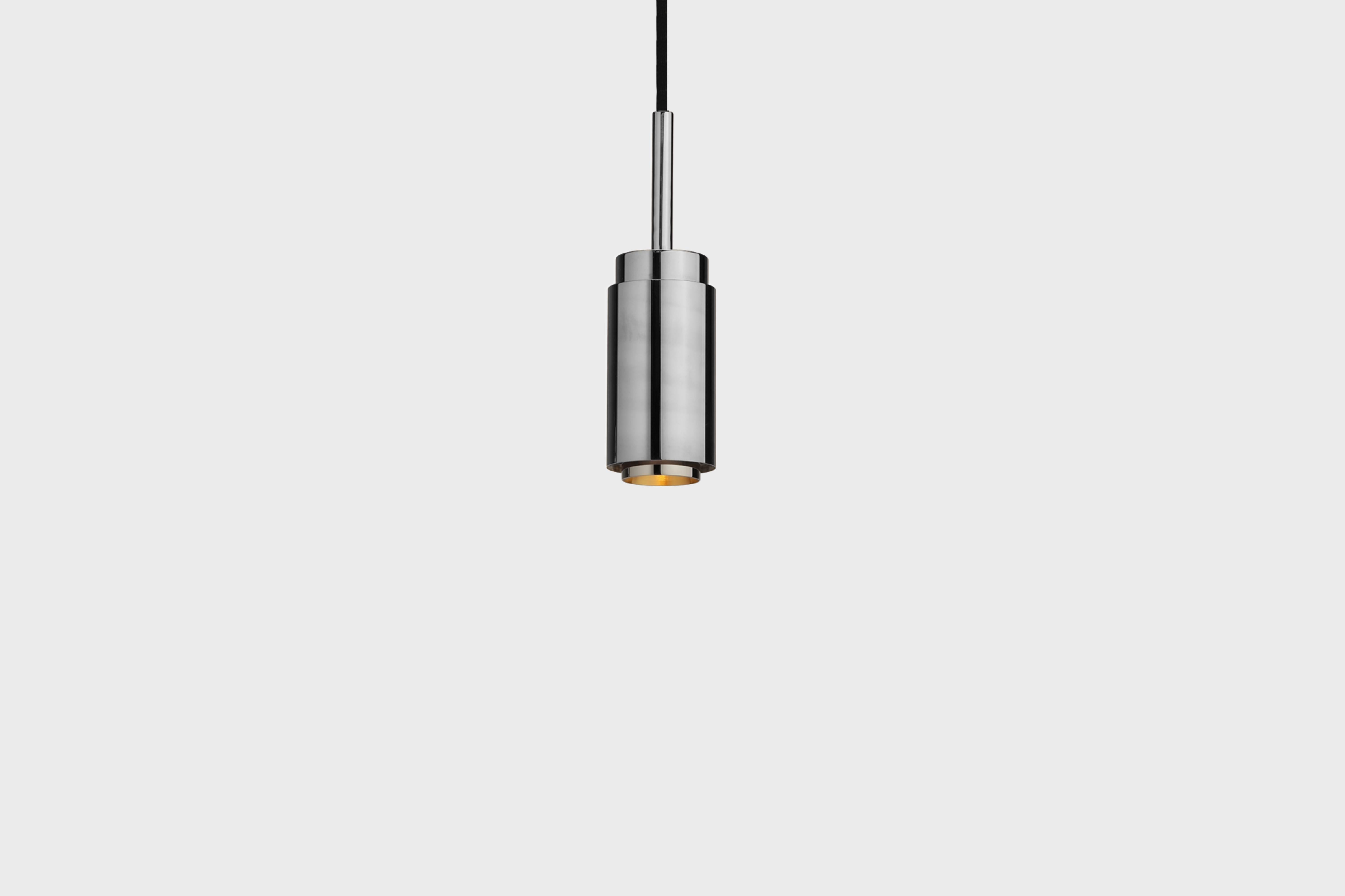 Customizable Pendant Lamp 'Donya Spot' by Anour, Polished Steel

Dimensions:
ø 6 cm x H. 20,3 cm

Technical details:
- 240V / 120V
- GU 10 bulb (bulb not included)
- Wattage: Max. 6 W

Cord: 
- 3,2m black textile cord 

Dimmer: 
- No