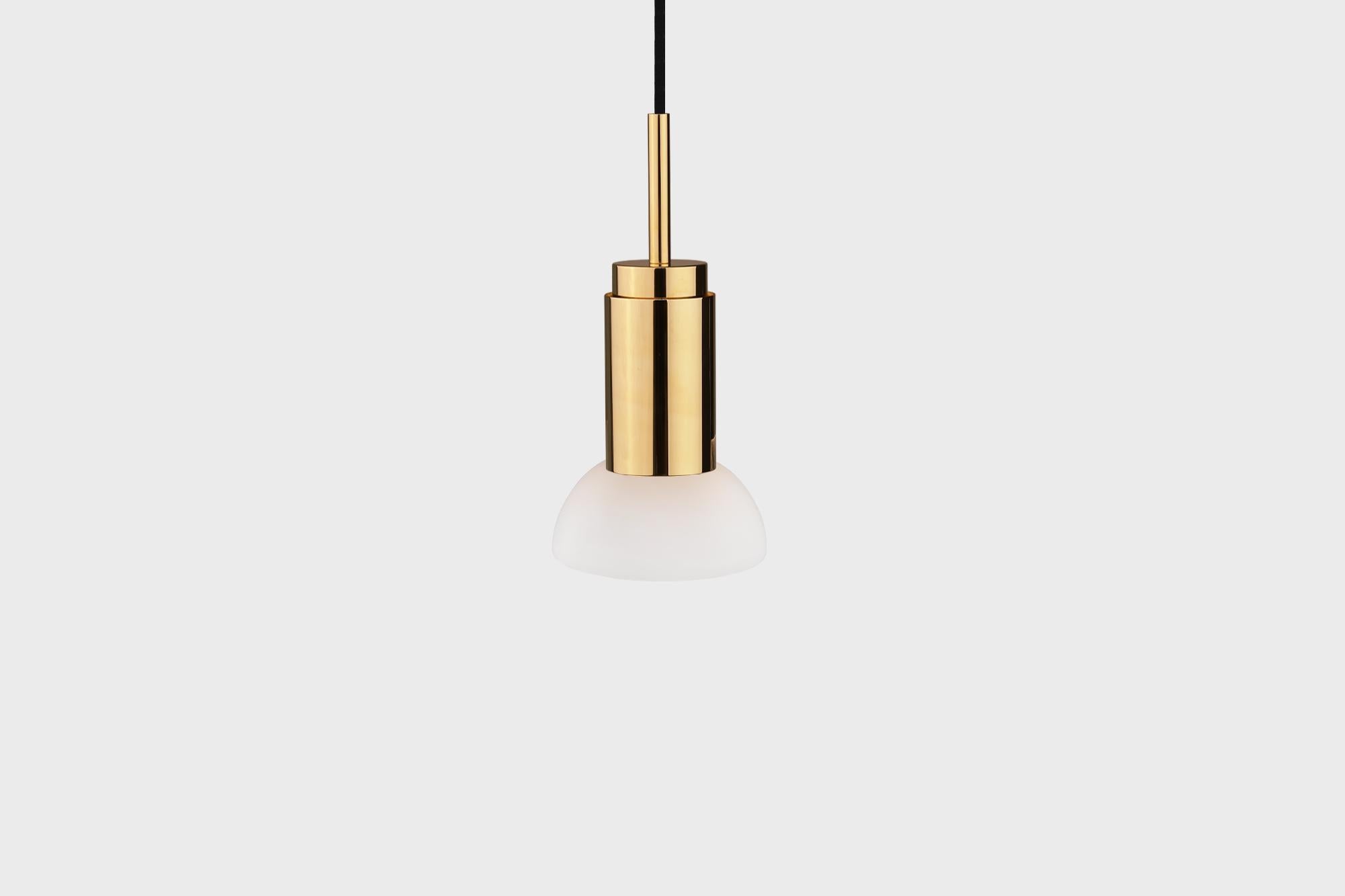 Customizable Pendant Lamp 'Donya Spot' by Anour, White Moon, Polished Brass

Dimensions:
ø 12 cm x H. 25 cm

Technical details:
- 240V / 120V
- GU 10 bulb (bulb not included)
- Wattage: Max. 6 W

Cord: 
- 3,2m black textile cord 

Dimmer: 
- No