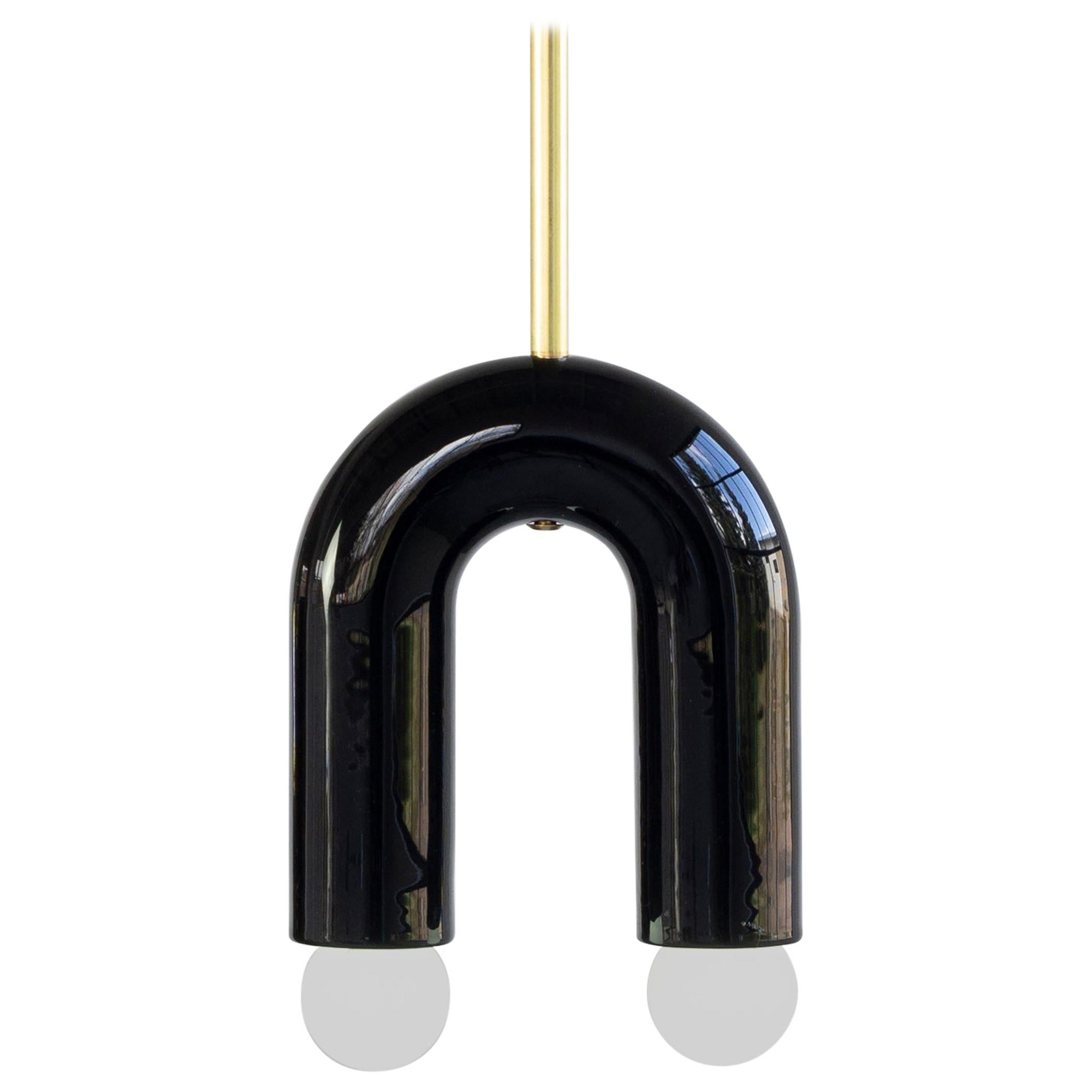 Customizable Pendant Lamp TRN A1, Brass Rod, Black Ceramic