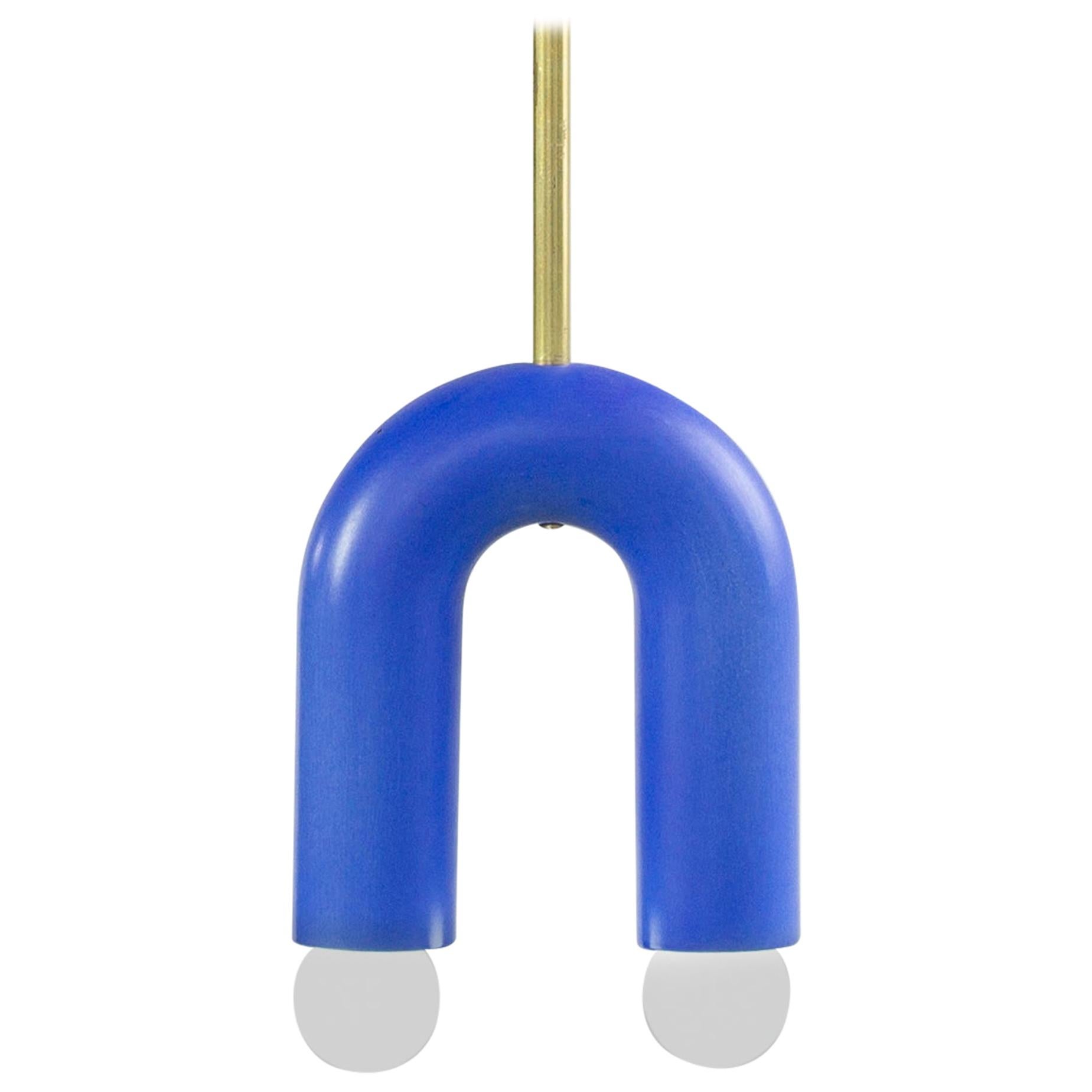 Customizable Pendant Lamp TRN A1, Brass Rod, Cobalt Blue Ceramic