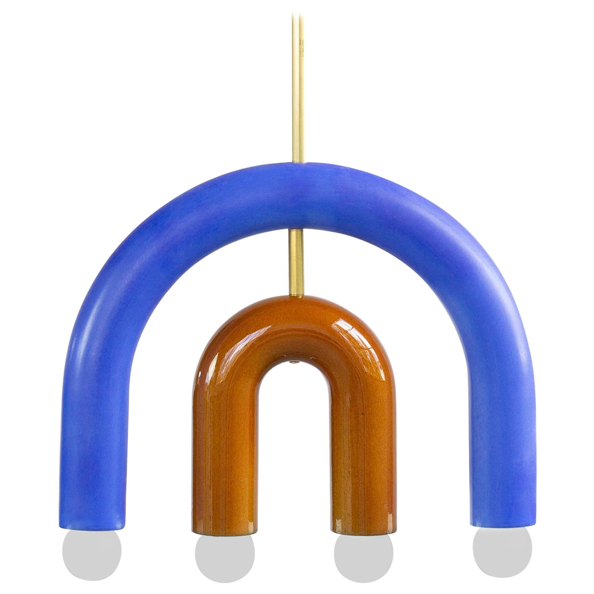Customizable Pendant Lamp TRN C1, Brass Rod, Cobalt Blue & Ochre 