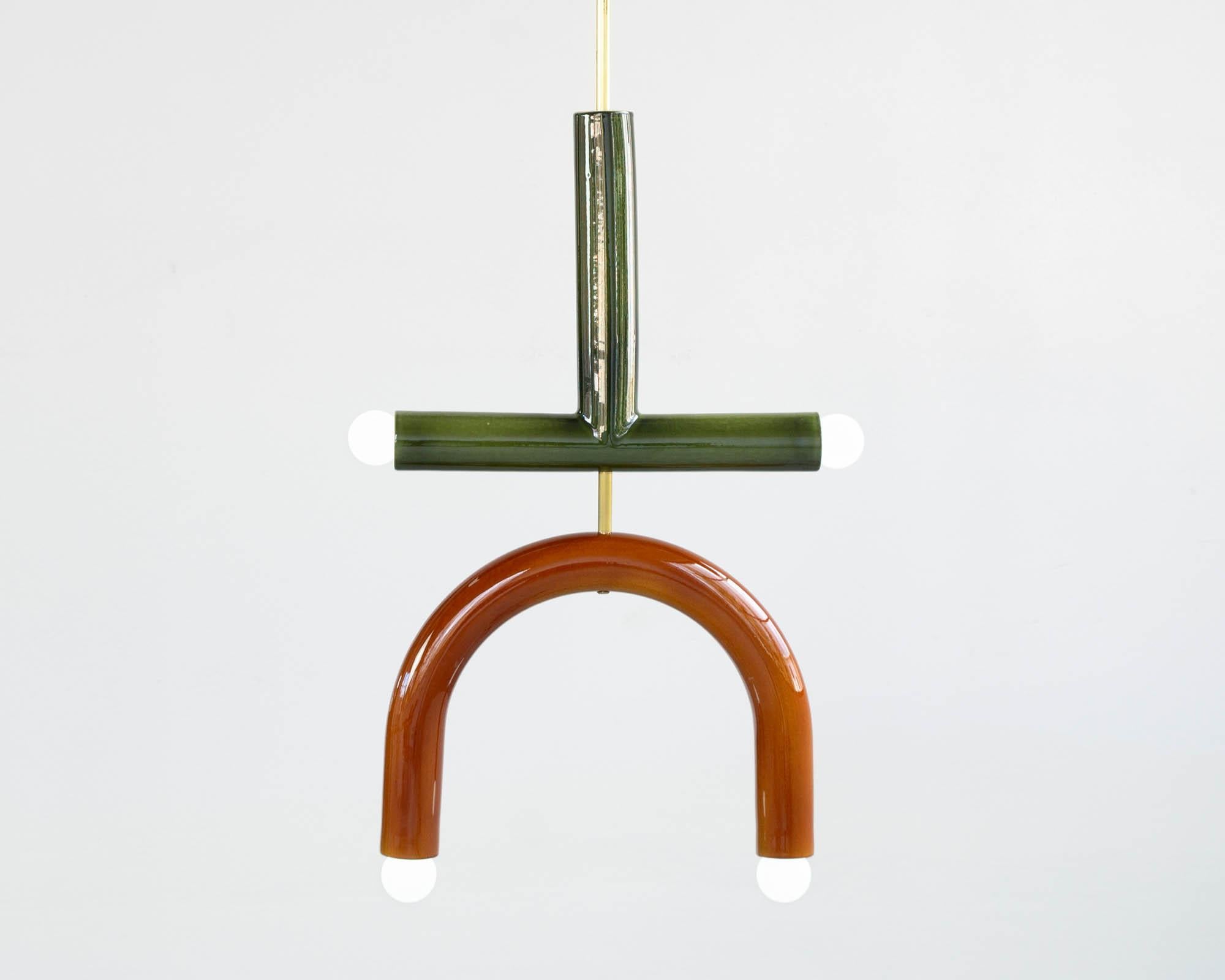 TRN C2 Pendant lamp / ceiling lamp / chandelier 
Signed by Pani Jurek

Dimensions: H 62.5 x 35 x 5 cm
Model shown: Green & ochre 

Bulb (not included): E27/E26, compatible with US electric system

Materials: Hand-glazed ceramic and brass
Rod: brass,