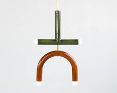 Customizable Pendant Lamp TRN C2, Brass Rod, Green & Ochre Ceramic