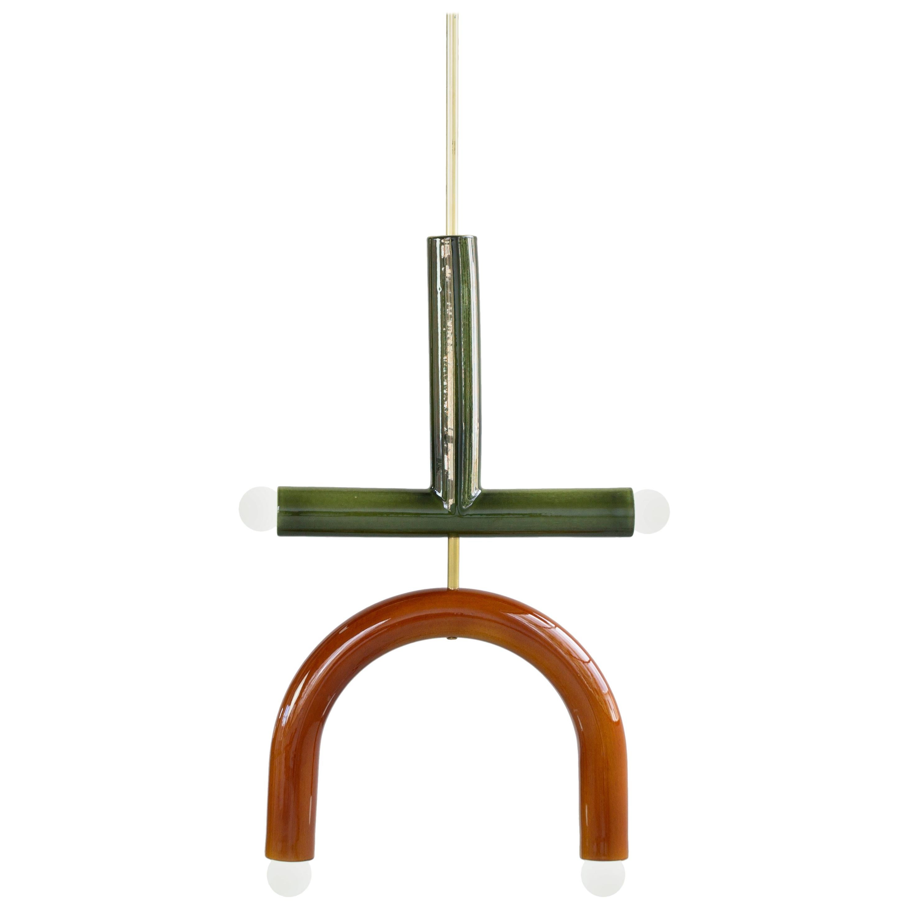 Customizable Pendant Lamp TRN C2, Brass Rod, Green & Ochre Ceramic For Sale
