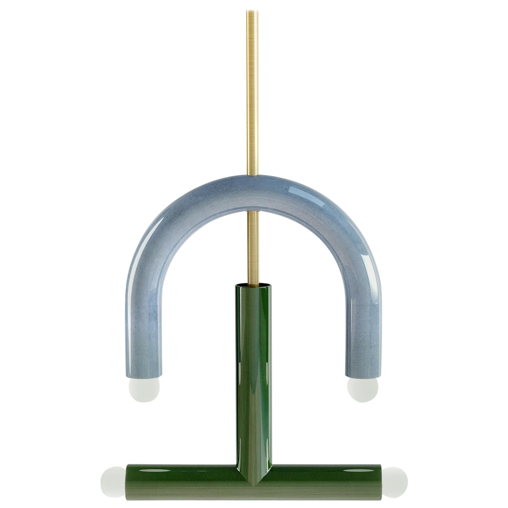 Customizable Pendant Lamp TRN C3, Brass Rod, Light Blue & Green Ceramic For Sale