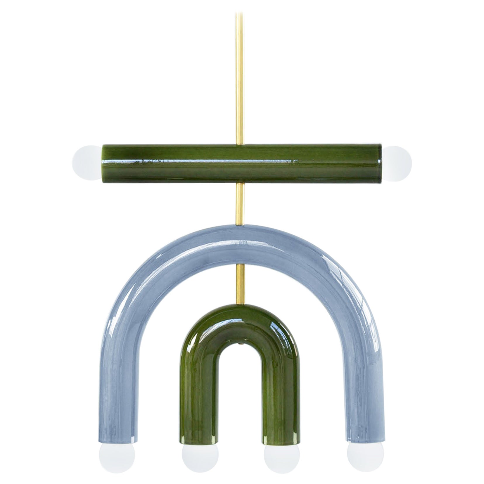 Customizable Pendant Lamp TRN D1, Brass Rod, Green & Light Blue Ceramic