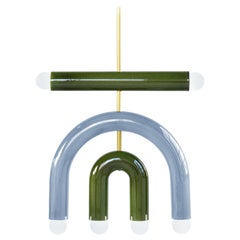 Customizable Pendant Lamp TRN D1, Brass Rod, Green & Light Blue Ceramic