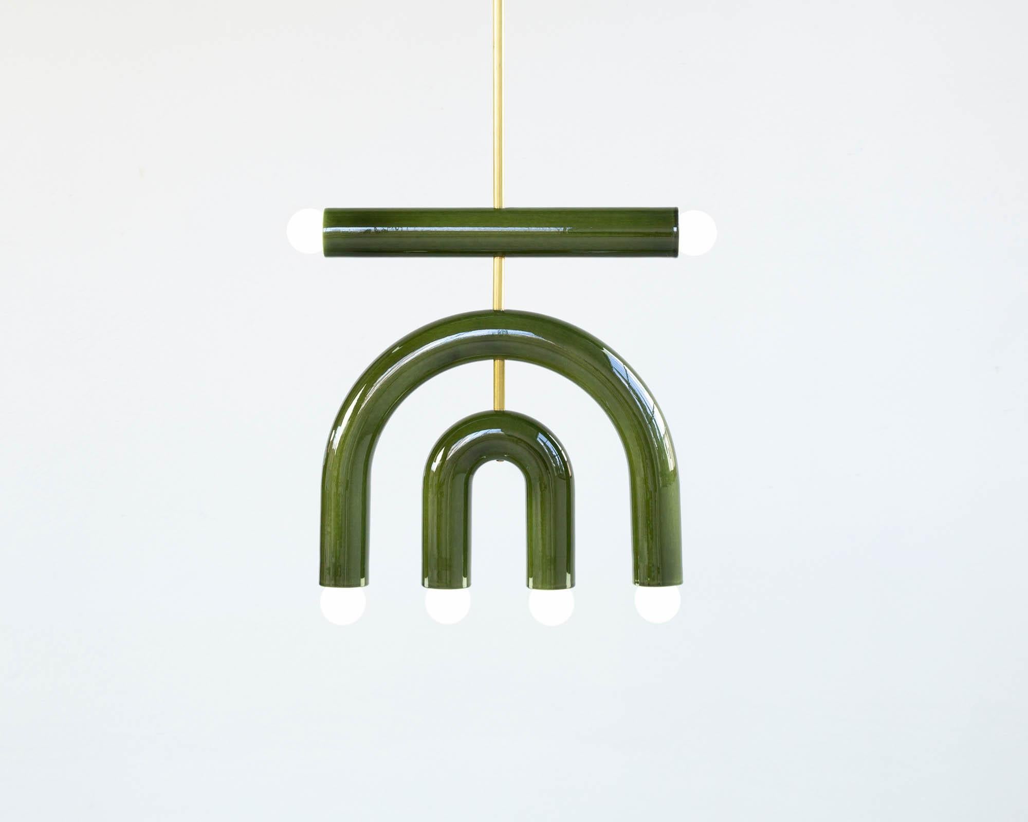 TRN D1 Pendant lamp / ceiling lamp / chandelier 
Signed by Pani Jurek

Dimensions: H37.5 x 35 x 5 cm
Model Shown: Green 

Bulb (not included): E27/E26, compatible with US electric system

Materials: Hand-glazed ceramic and brass
Rod: brass, length