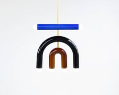 Customizable Pendant Lamp TRN D1, Brass Rod, Blue, Black & Brown Ceramic