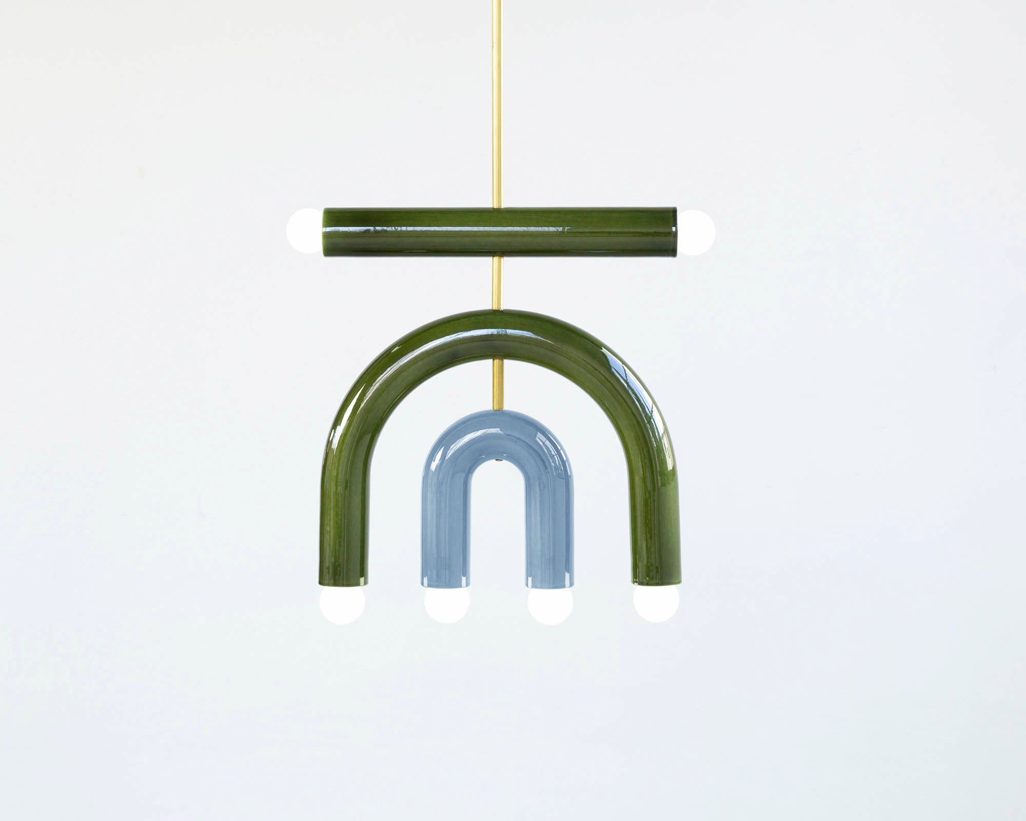 TRN D1 Pendant lamp / ceiling lamp / chandelier 
Designer: Pani Jurek

Dimensions: H 37.5 x 35 x 5 cm
Model shown: Green & light blue

Materials: Hand glazed ceramic and brass
Rod: brass, length made to order - specify desired length
Canopy: