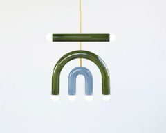 Customizable Pendant Lamp TRN D1, Brass Rod, Green & Light Blue Ceramic