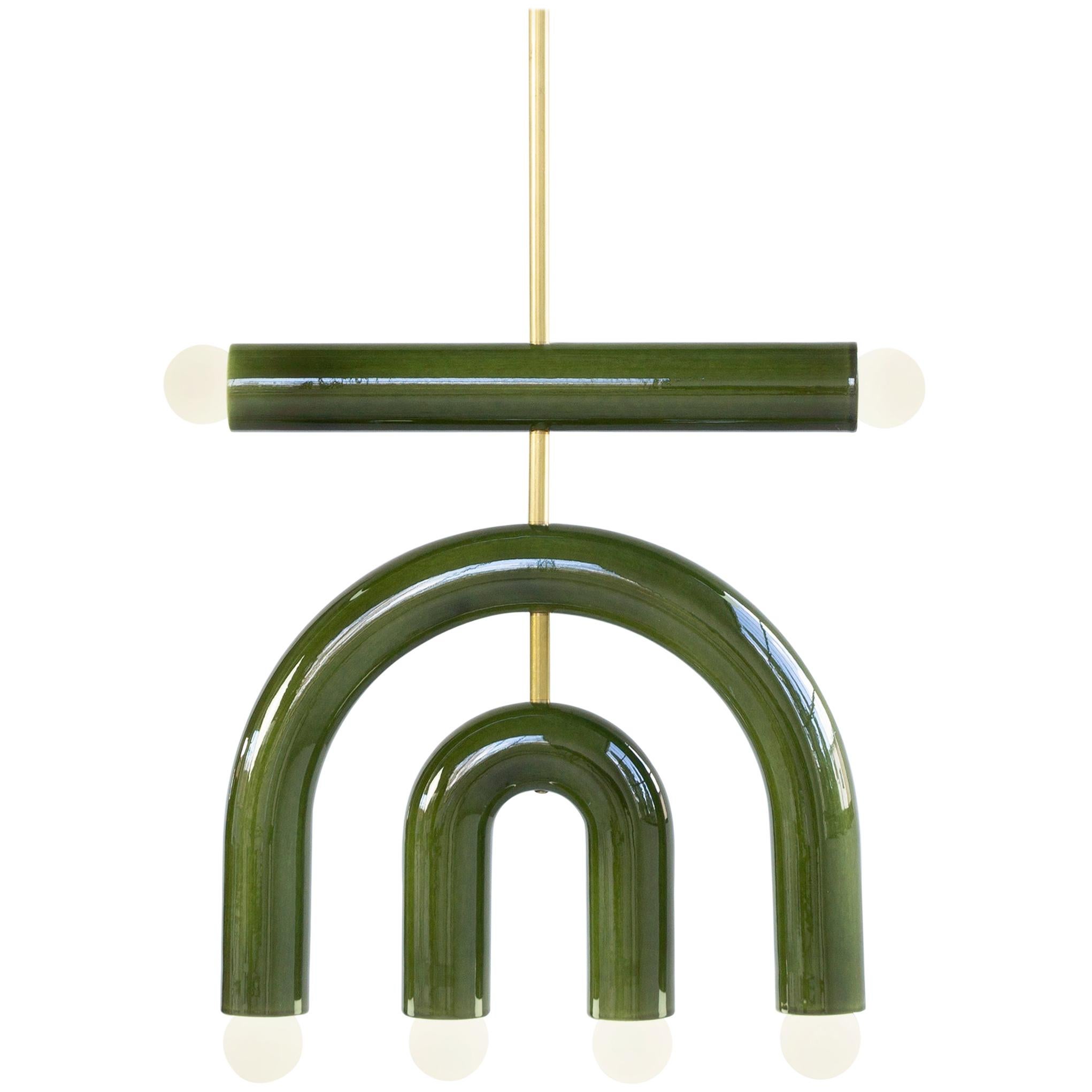 Customizable Pendant Lamp TRN D1, Brass Rod, Green Ceramic