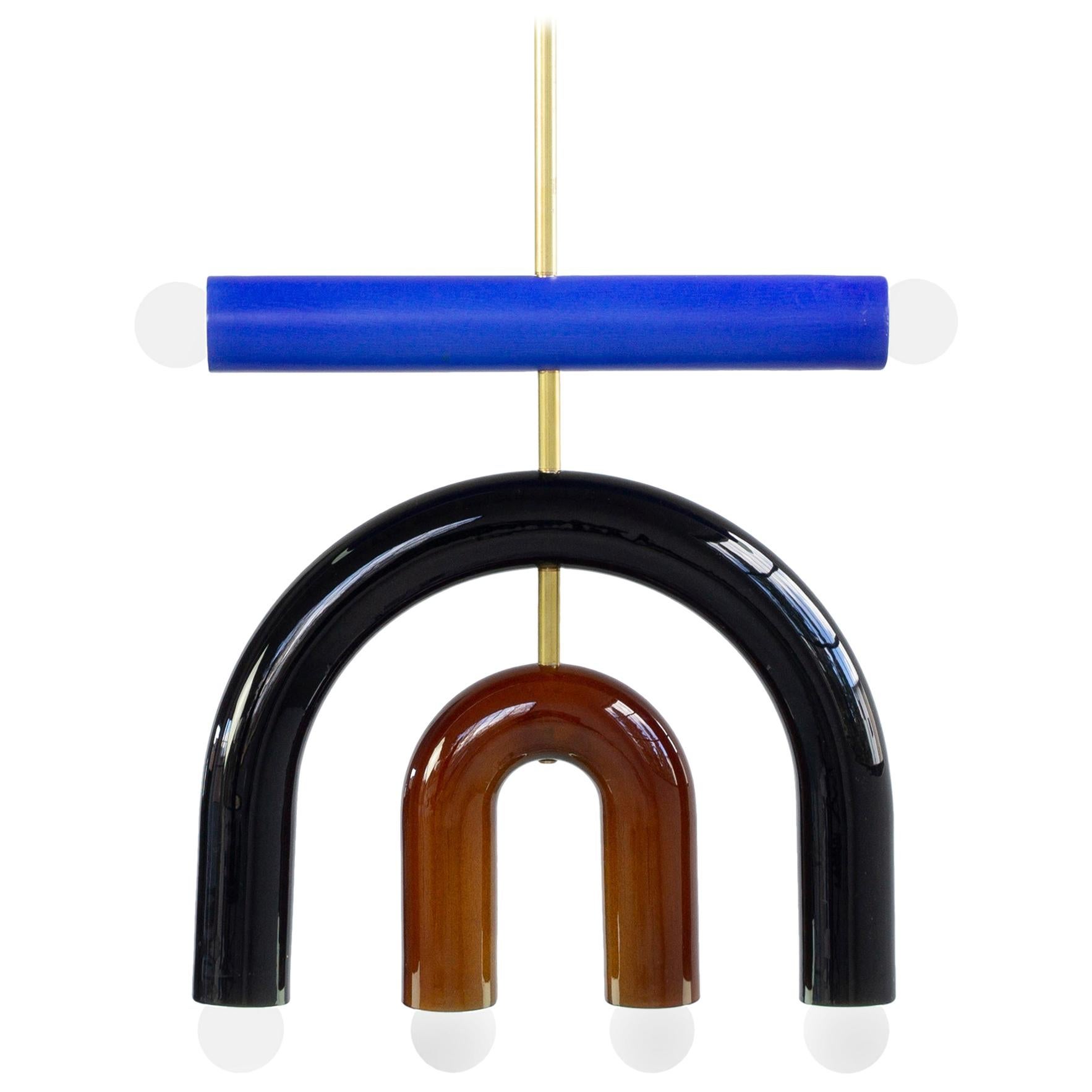 Anpassbare Hängeleuchte TRN D1, Messingstab, blaue, schwarze und braune Keramik 