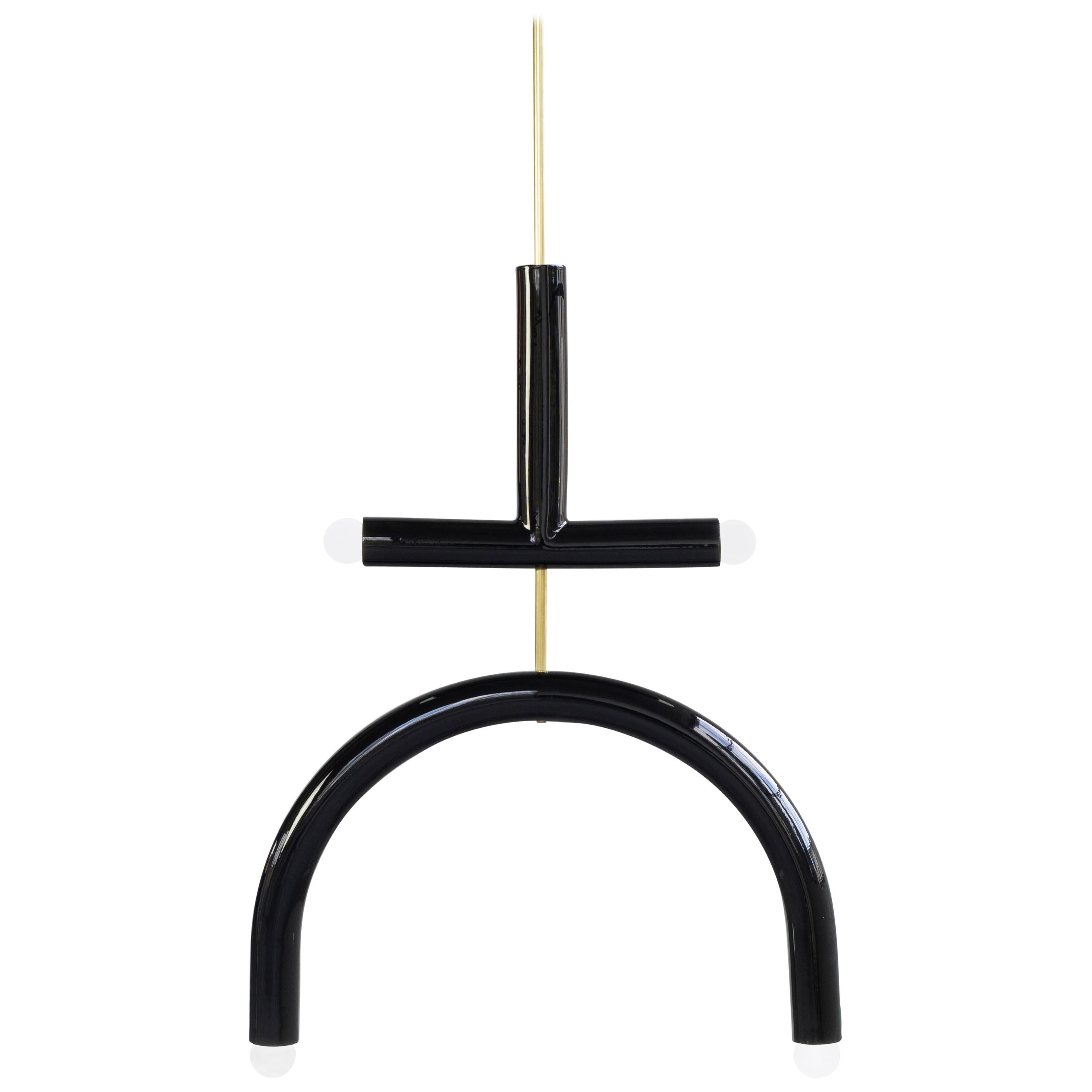 Customizable Pendant Lamp TRN E2, Brass Rod, Black Ceramic 