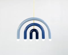 Customizable Pendant Lamp TRN F1, Brass Rod, Light, Medium & Navy Blue Ceramic