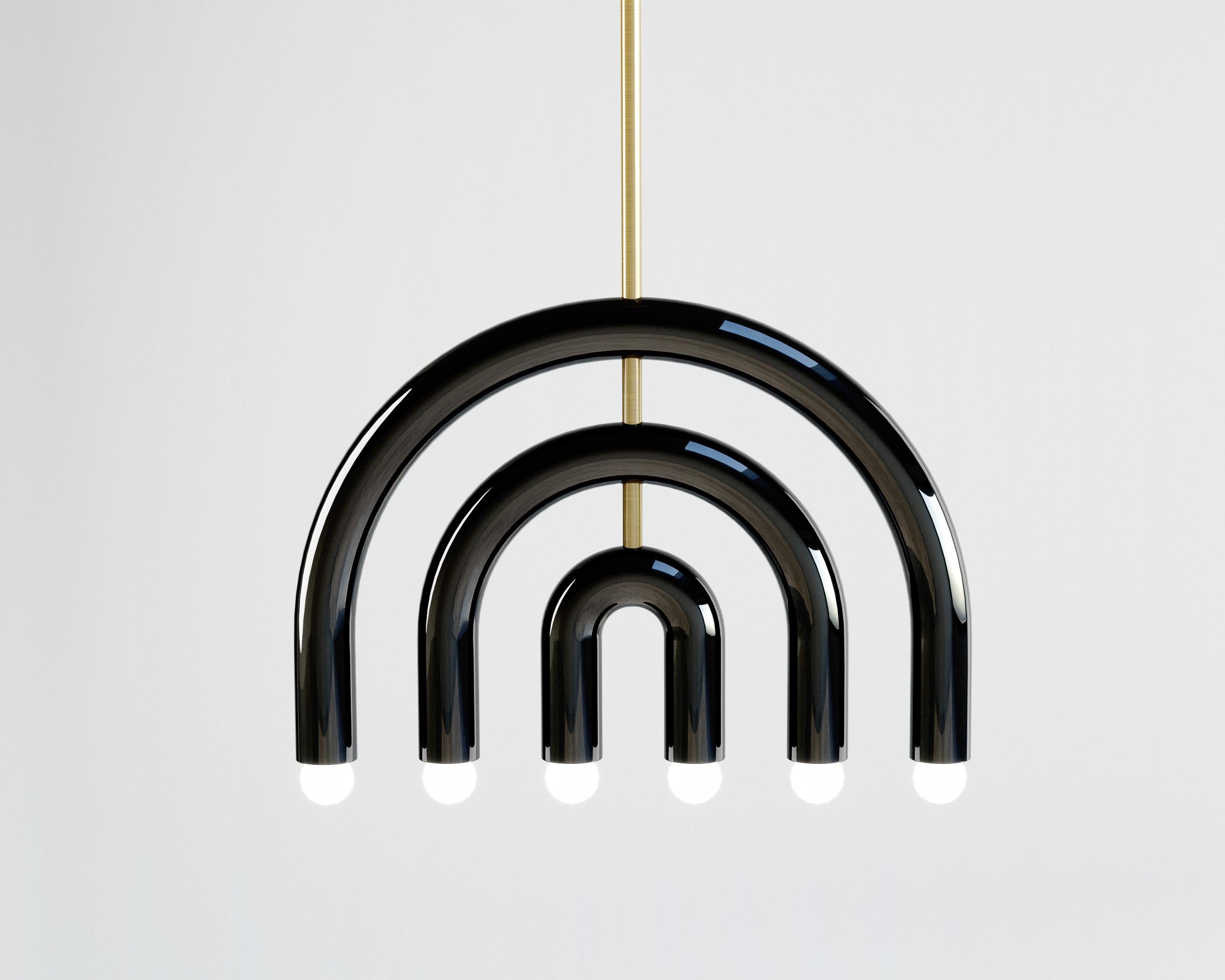 TRN F1 Pendant lamp / ceiling lamp / chandelier
Designer: Pani Jurek

Dimensions: H 375 x 55 x 5 cm
Model shown: Black 

Bulb (not included): E27/E26, compatible with US electric system

Materials: Hand glazed ceramic and brass
Rod: brass, length