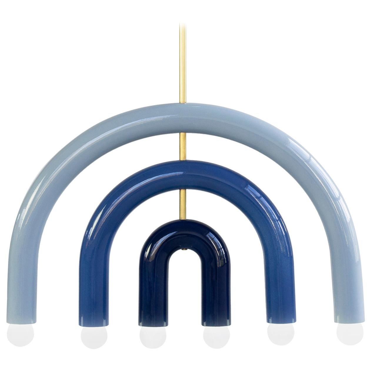 Customizable Pendant Lamp TRN F1, Brass Rod, Light, Medium & Navy Blue Ceramic For Sale