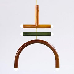 Customizable Pendant Lamp 'TRN F2', Brass Rod, Ochre, Green & Brown Ceramic