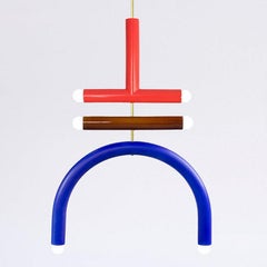 Customizable Pendant Lamp 'TRN F2', Brass Rod, Red, Brown & Cobalt Blue Ceramic