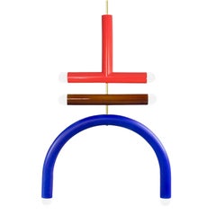 Lampada a sospensione personalizzabile 'TRN F2', asta in ottone, ceramica rossa, marrone e blu cobalto