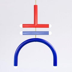 Customizable Pendant Lamp 'TRN F2', Brass Rod, Red, Lilac & Cobalt Blue Ceramic