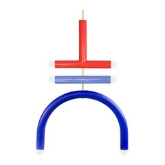 Customizable Pendant Lamp 'TRN F2', Brass Rod, Red, Lilac & Cobalt Blue Ceramic