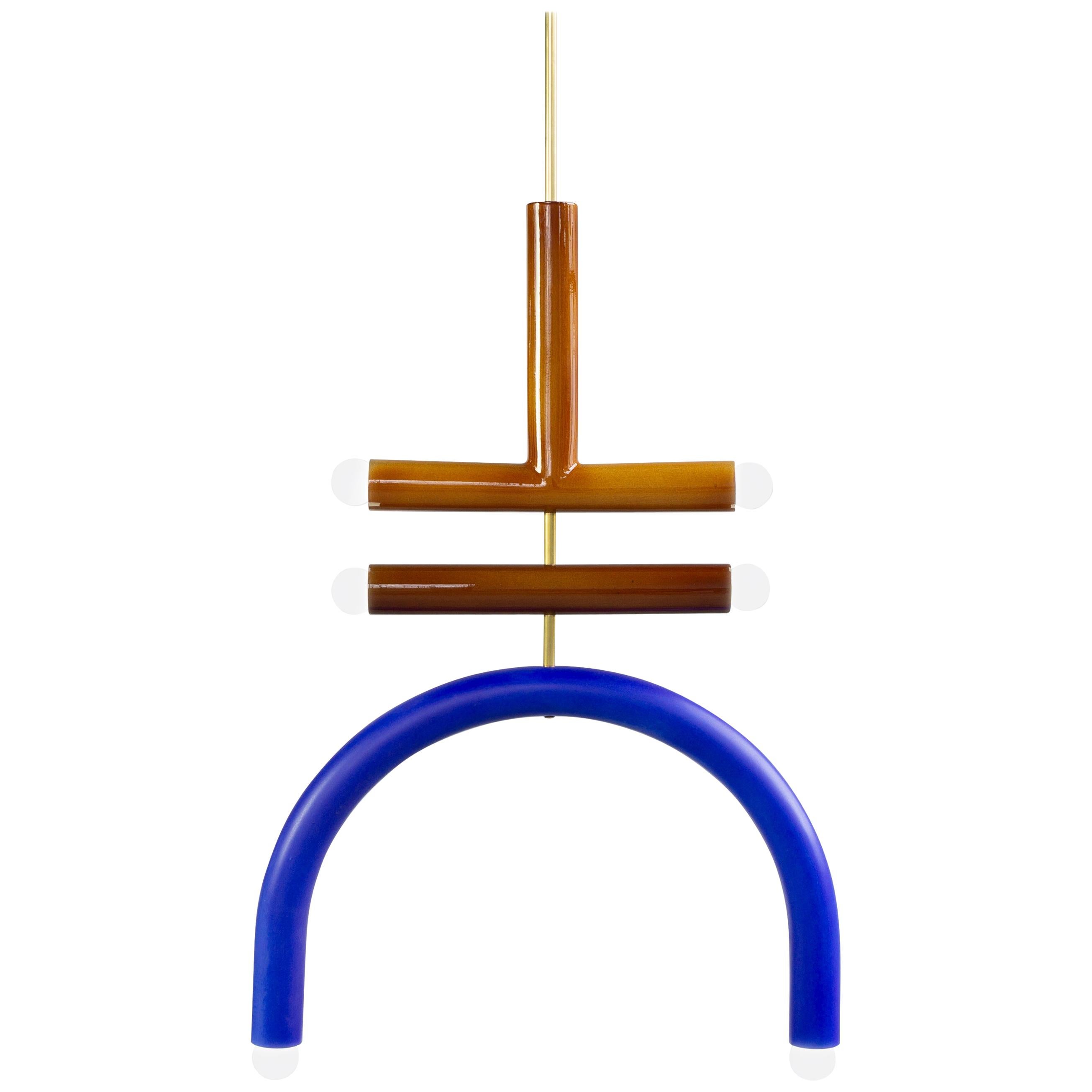 Customizable Pendant Lamp TRN F2, Brass Rod, Ochre, Brown & Cobalt Blue Ceramic For Sale