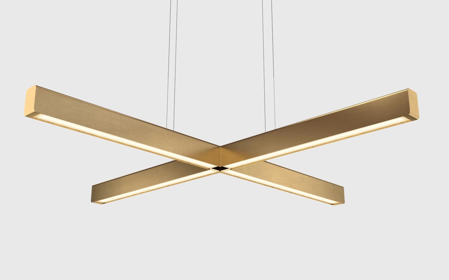 Customizable Pendant Lamp 'X-Model' by Anour, Brushed Brass

Dimensions:
- L. 100 x W. 100 x H. 5,3 x D. 3,5 cm

Technical details:
- 240V / 120V (available with Switchex) 
- Illumination LED
- Wattage: 40 W
- Light output: 2640 lm 
- Color