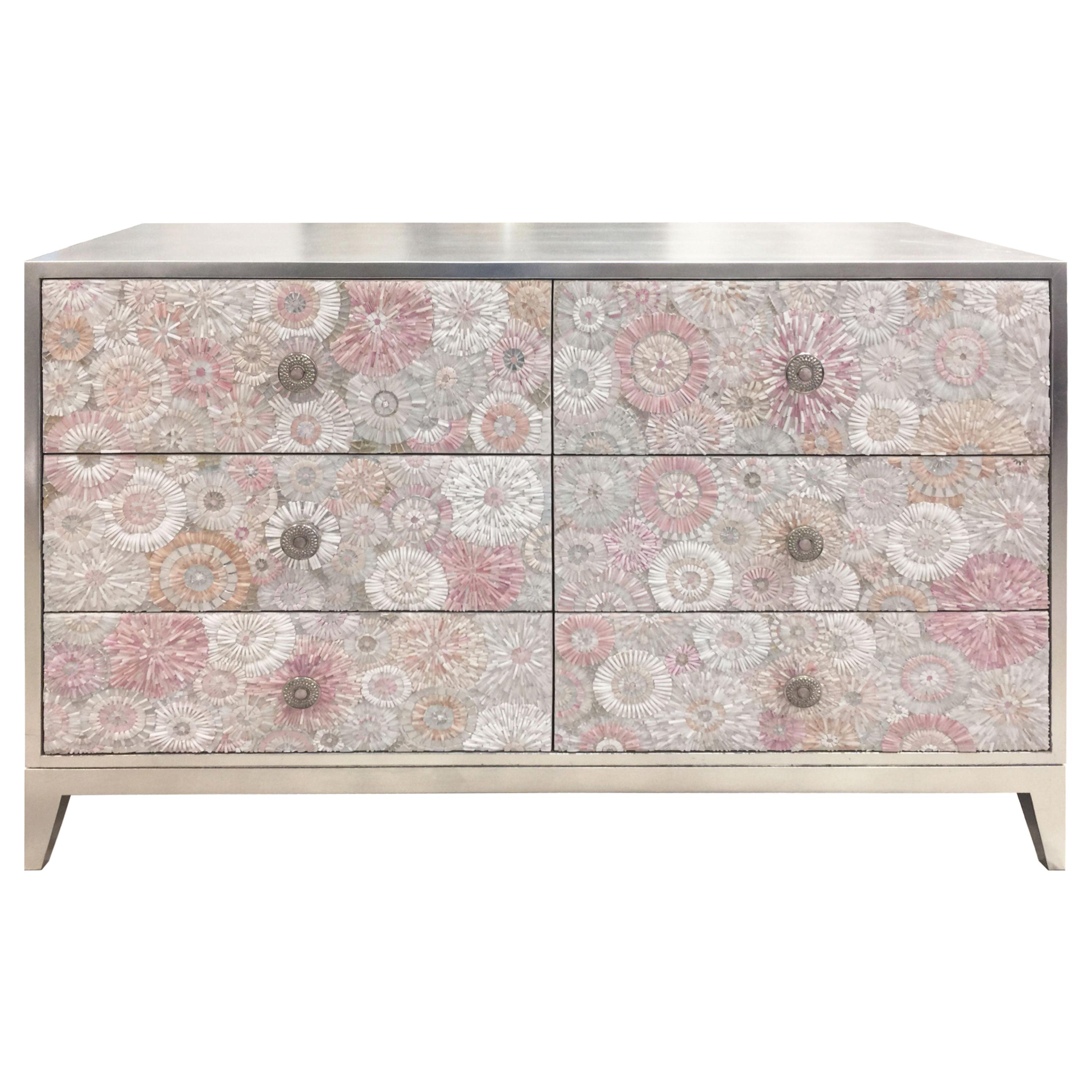 Customizable Pink Flower Blossom Glass Mosaic Silver Chest with by Ercole Home
