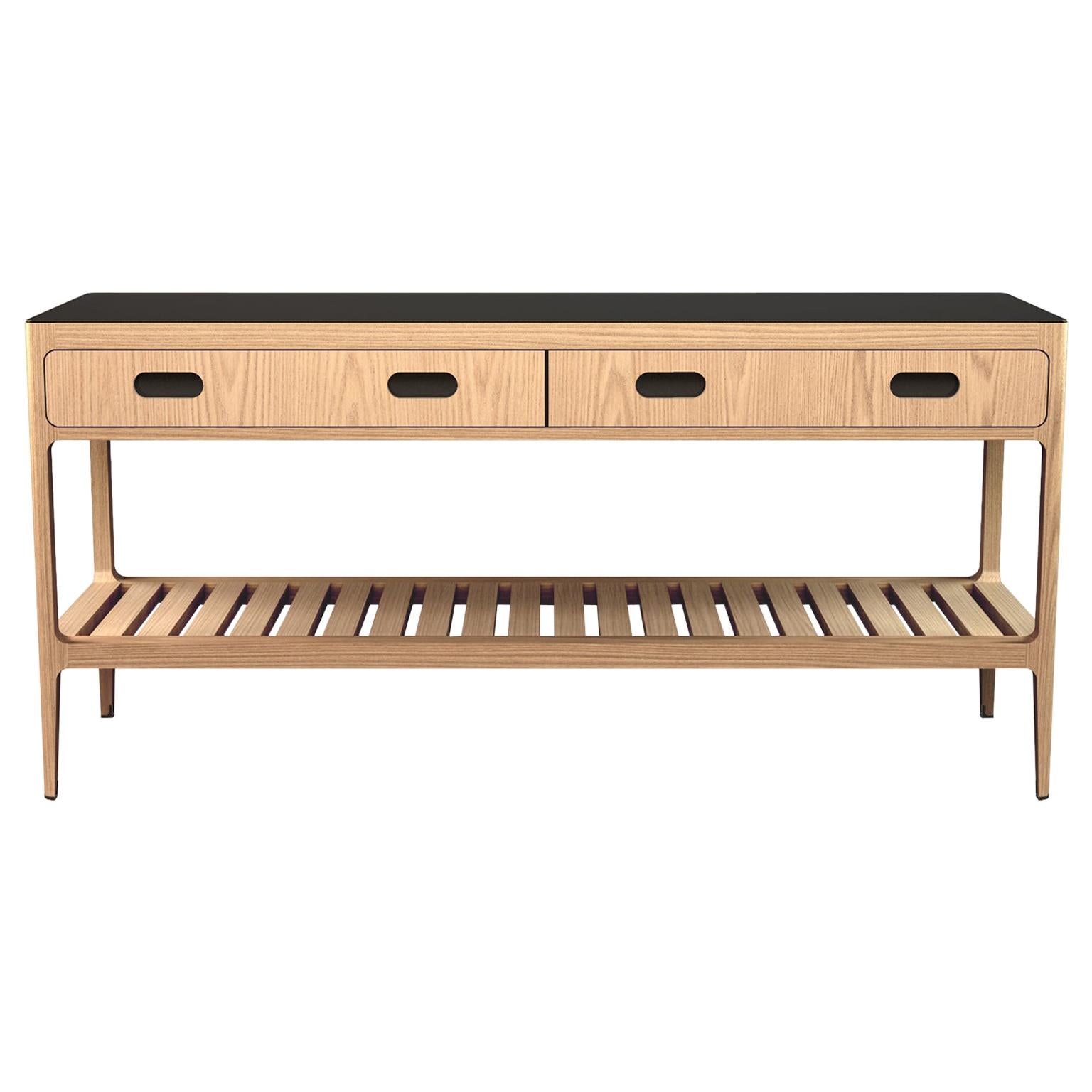 Customizable Radius Console Table in Oak and Blackened Brass by Munson Furniture For Sale