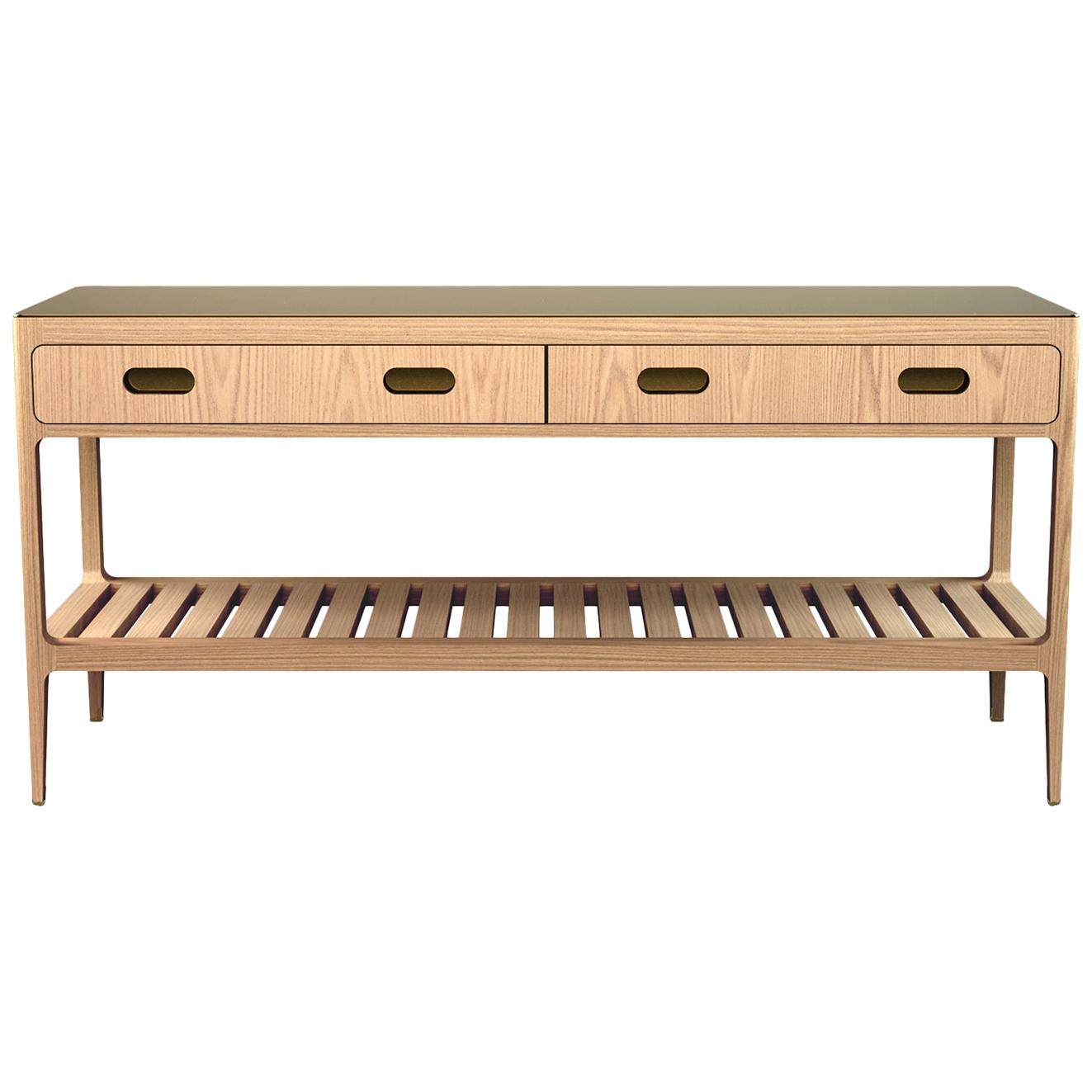 Customizable Radius Console Table in Oak and Brass by Munson Furniture For Sale