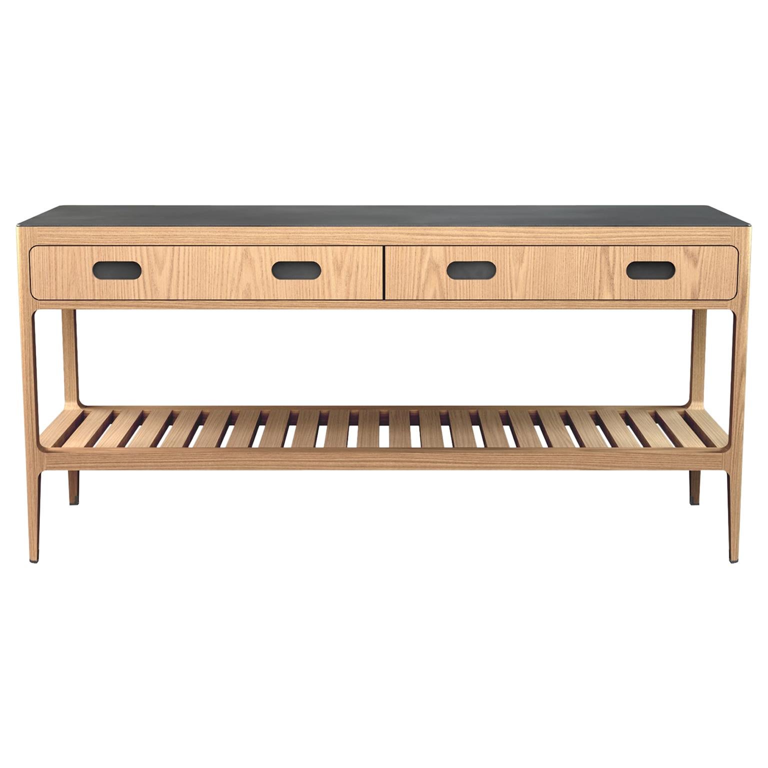 Customizable Radius Console Table in Oak and Patinated Brass by Munson Furniture For Sale