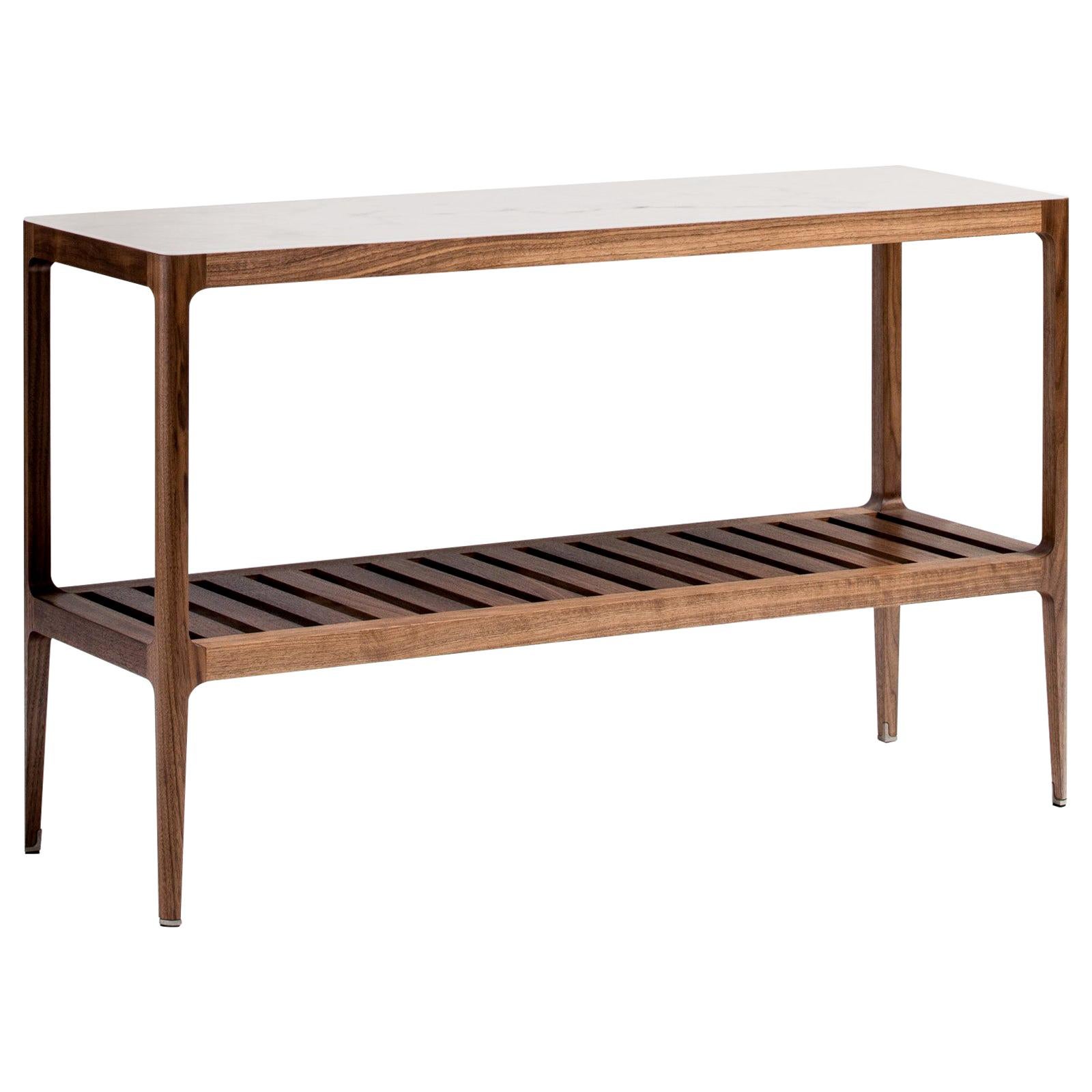 Walnut Radius Console Table with Slatted Shelf by Munson Furniture For Sale