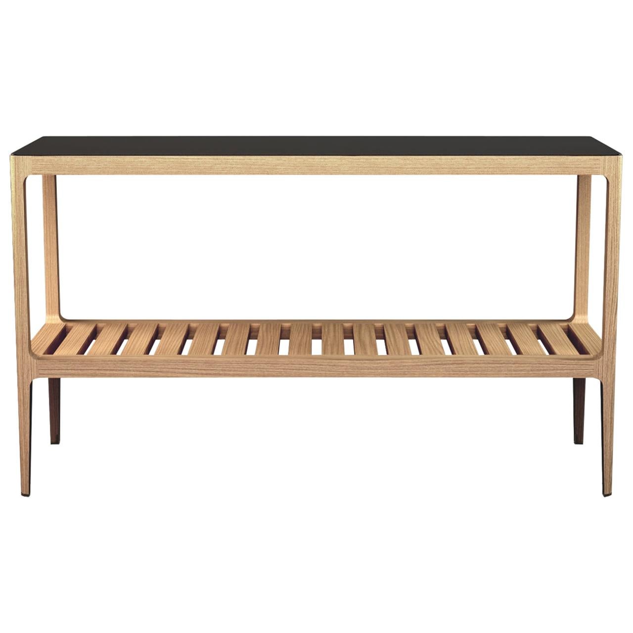 Customizable Radius Oak Console Table with Blackened Brass by Munson Furniture For Sale