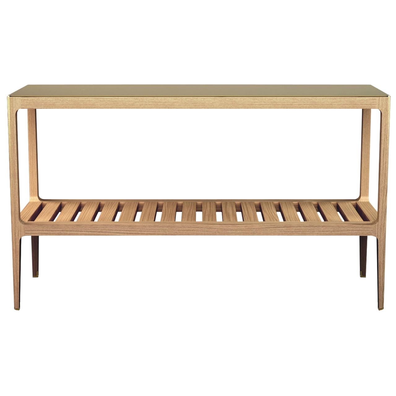 Customizable Radius Oak Console Table with Brass Top by Munson Furniture For Sale
