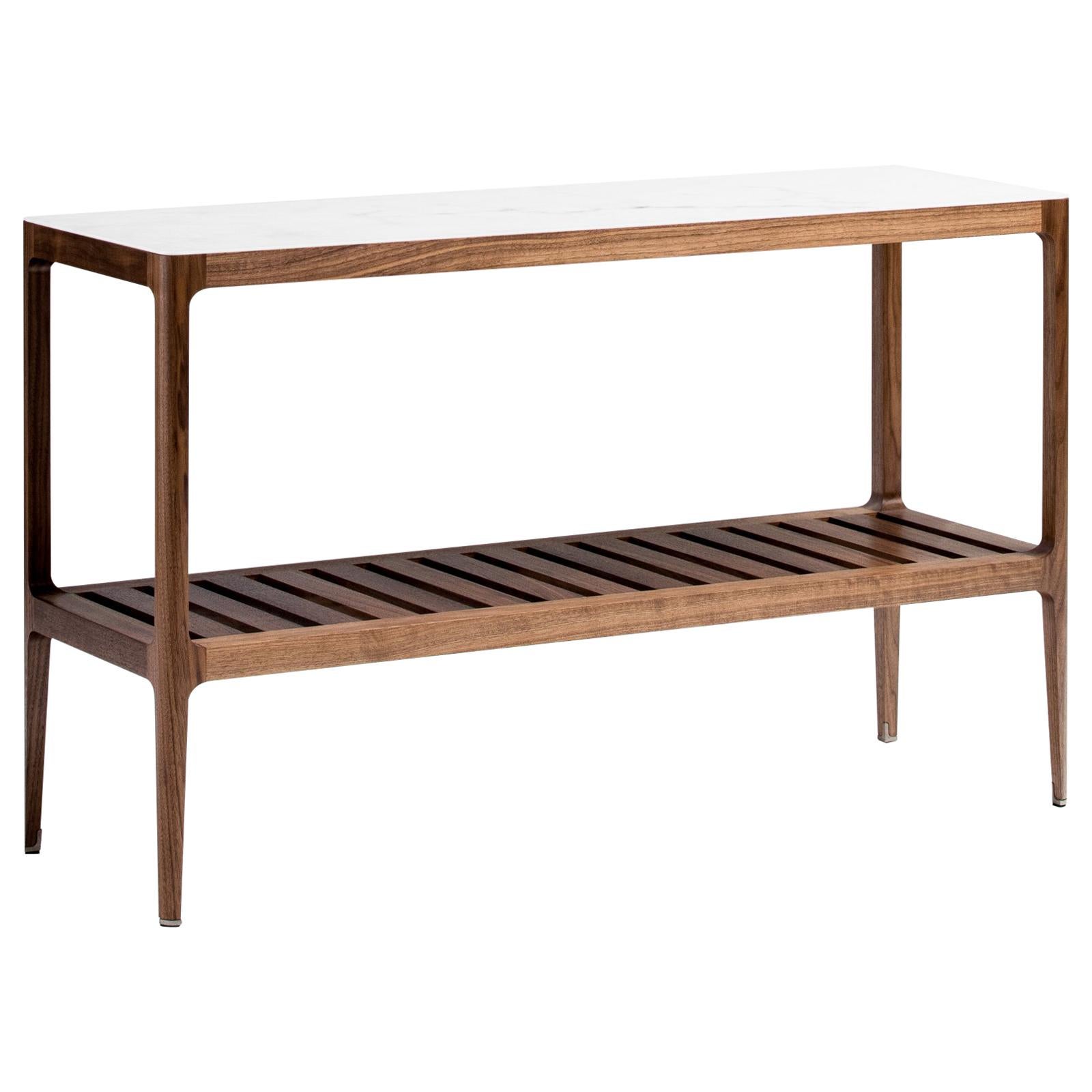 Contemporary Customizable Radius Oak Console Table with Slatted Shelf by Munson Furniture For Sale
