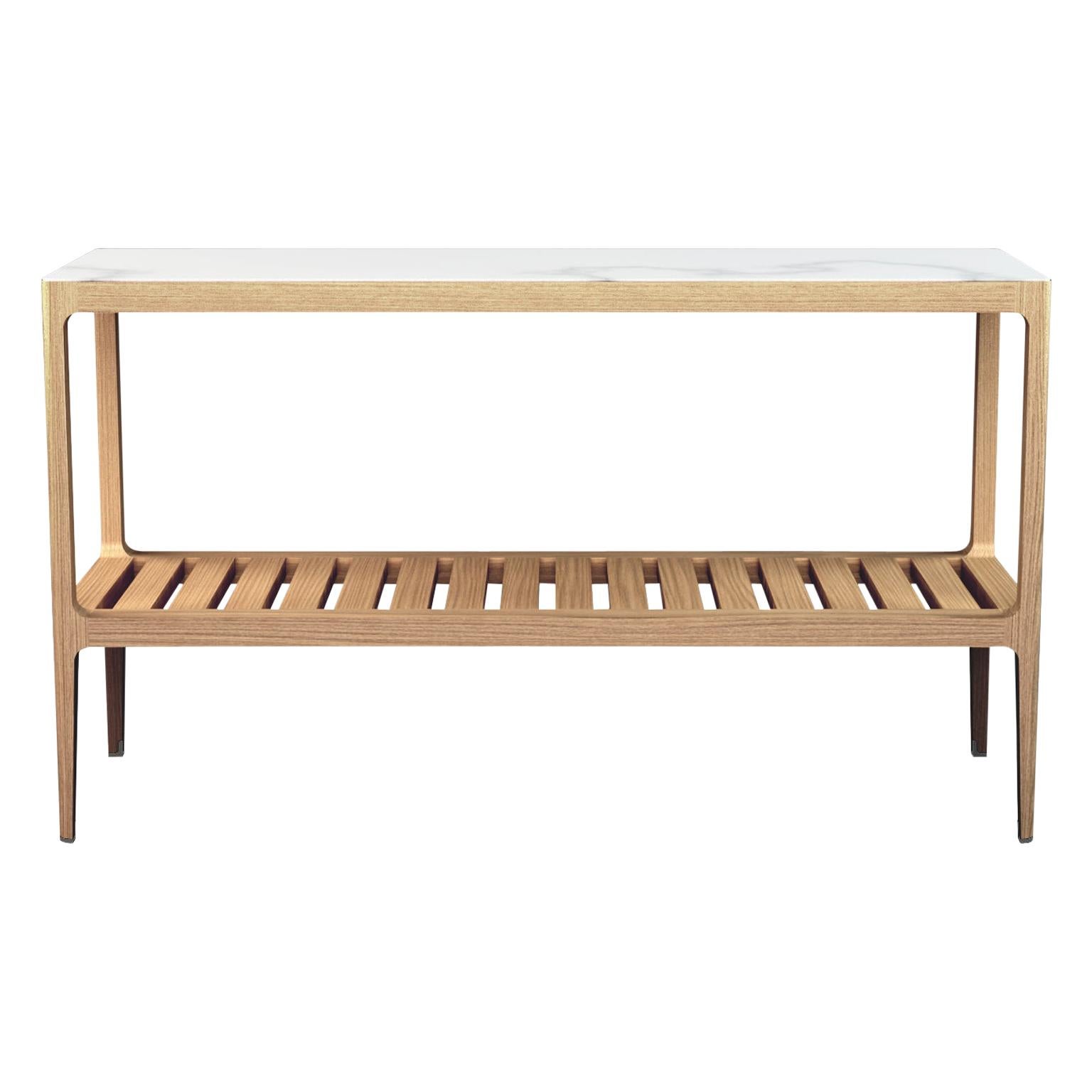 Customizable Radius Oak Console Table with Slatted Shelf by Munson Furniture For Sale
