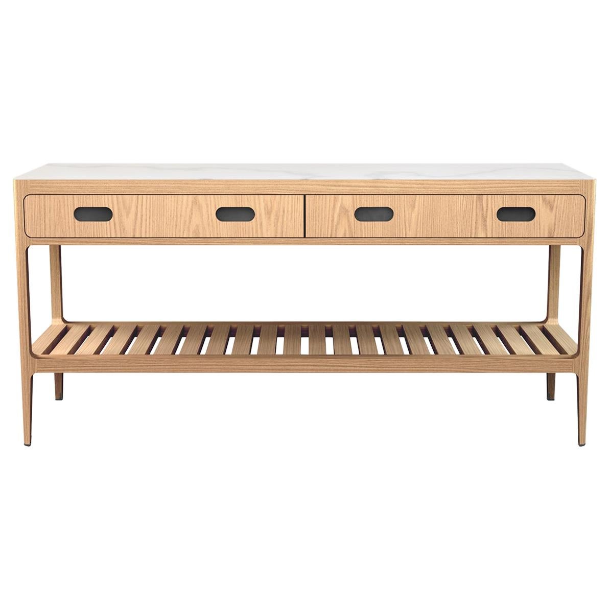 Customizable Radius Two-Drawer Console Table in Oak by Munson Furniture For Sale