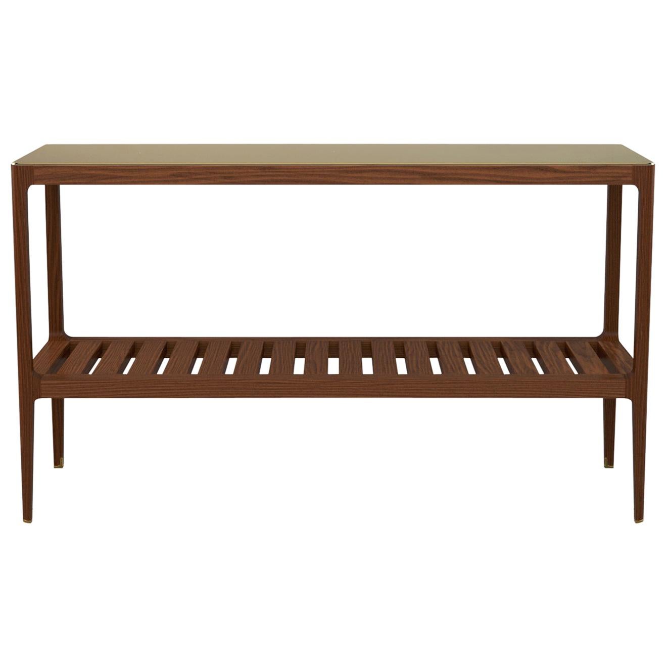 Customizable Radius Walnut Console Table with Brass Top by Munson Furniture For Sale